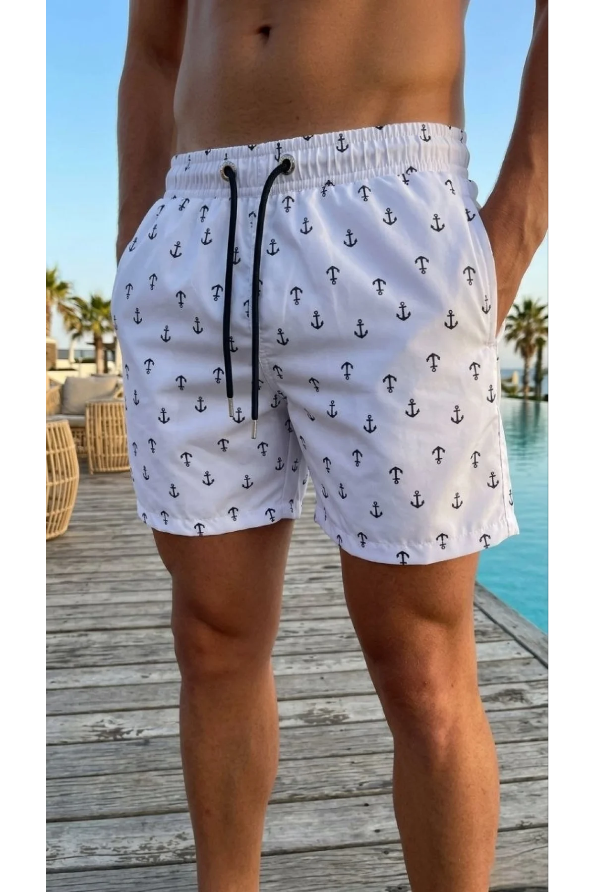 Erkek Deniz Şortu Fermuarlı Cepli File Astarlı Hızlı Kuruyan Premium - Beyaz