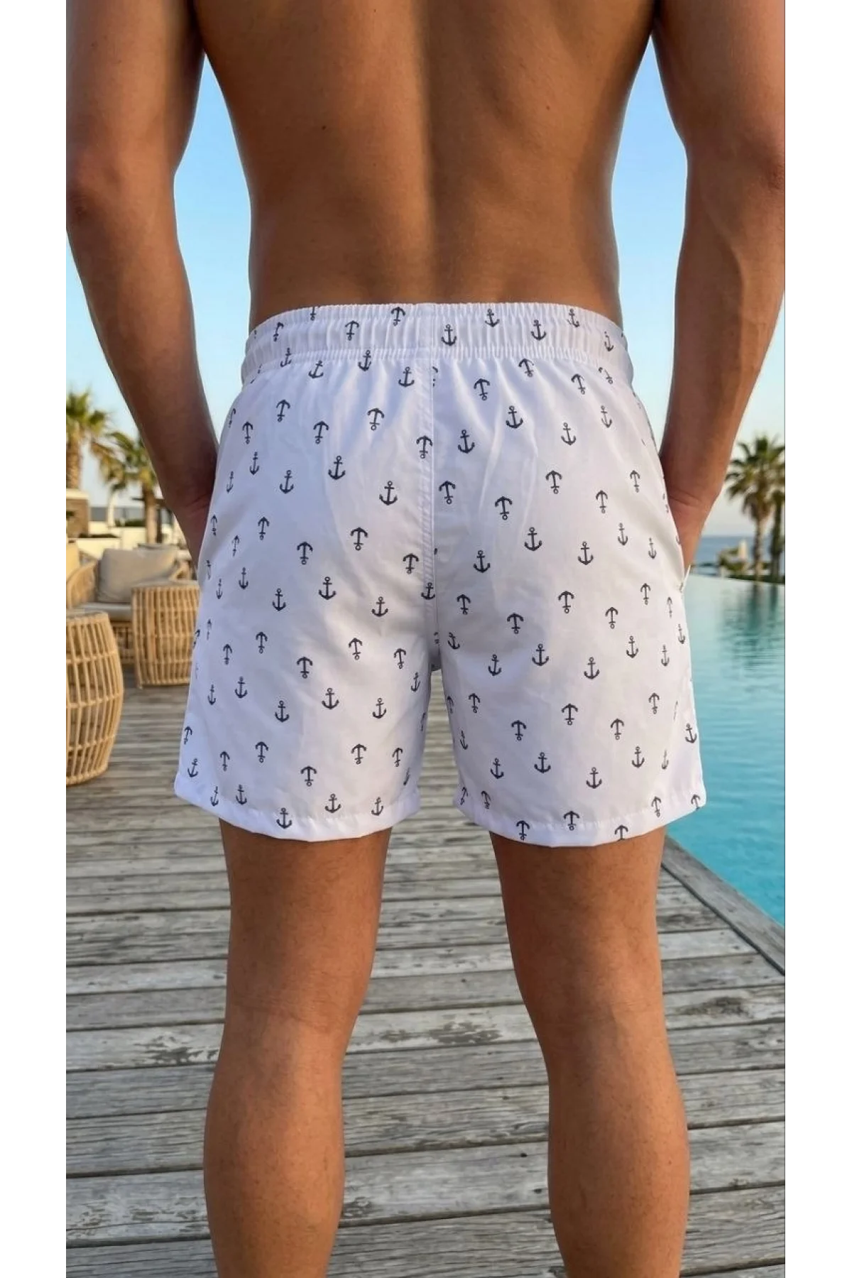 Erkek Deniz Şortu Fermuarlı Cepli File Astarlı Hızlı Kuruyan Premium - Beyaz