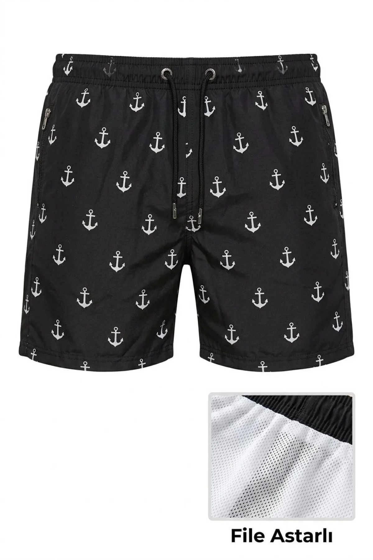 Erkek Deniz Şortu Fermuarlı Cepli File Astarlı Hızlı Kuruyan Premium - Siyah