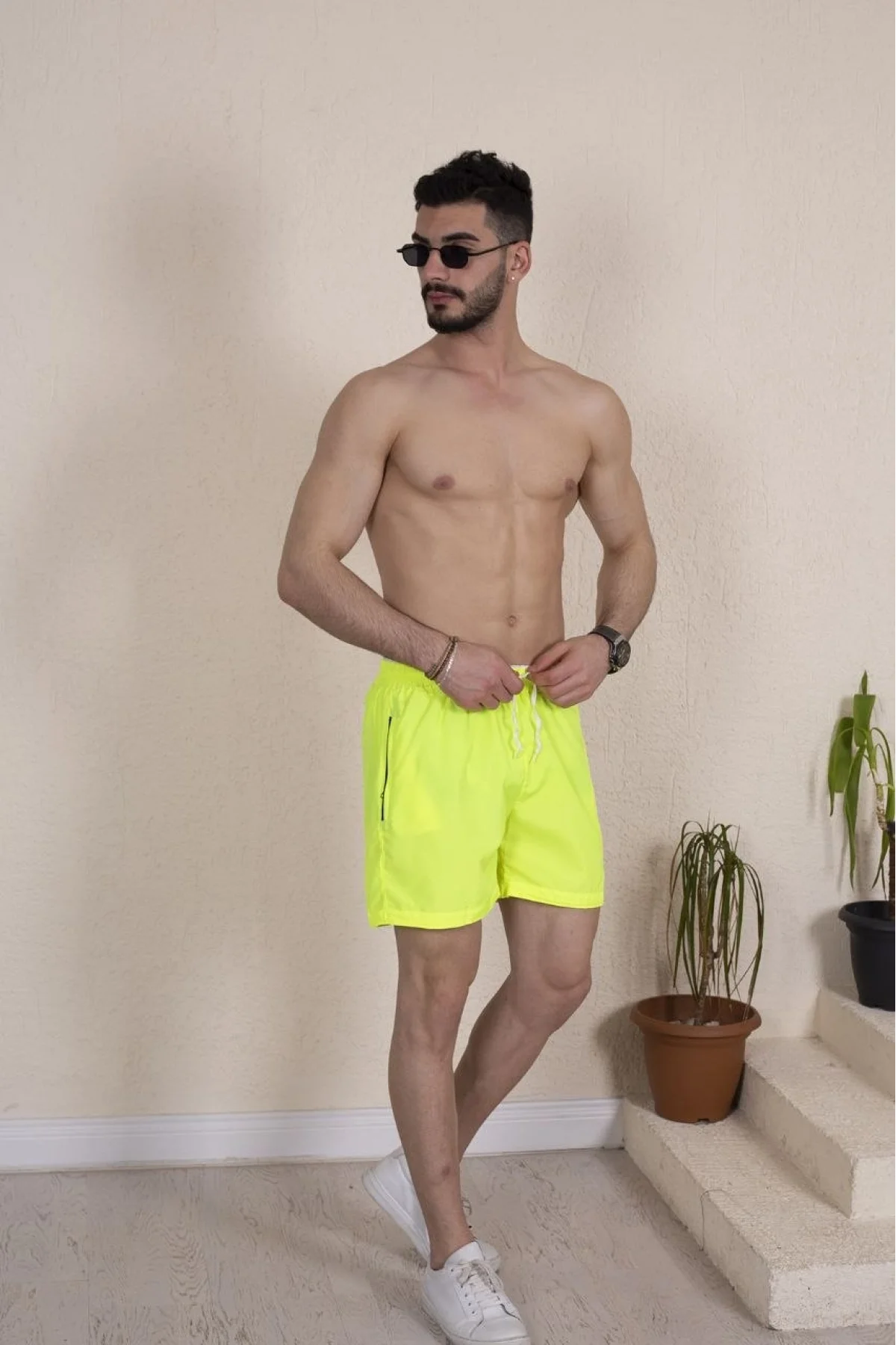 Erkek Deniz Şortu Fermuarlı Cepli File Astarlı - Neon Yeşili