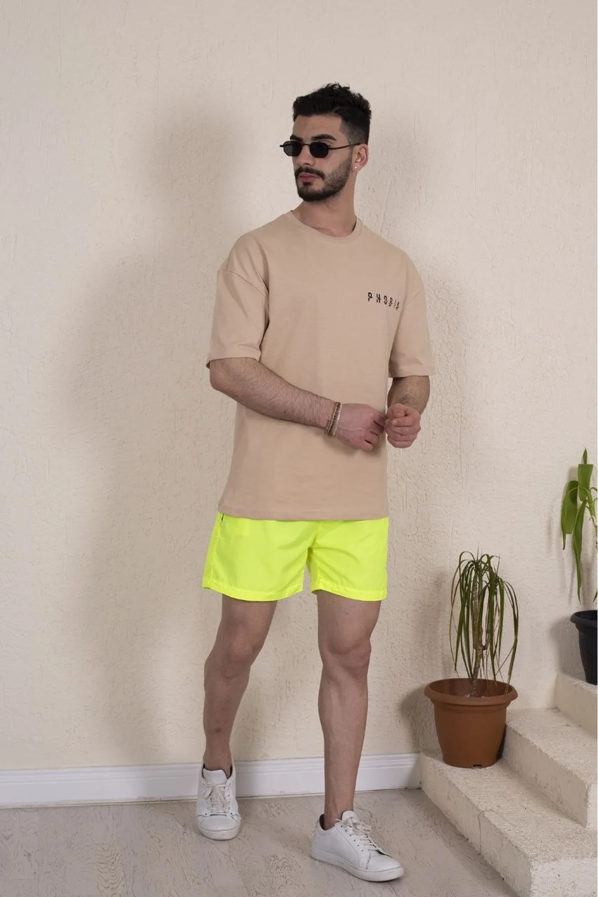 Erkek Deniz Şortu Fermuarlı Cepli File Astarlı - Neon Yeşili