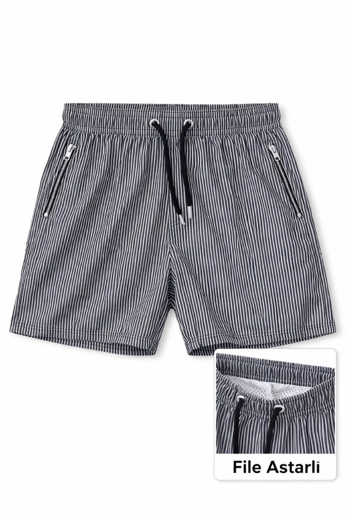 Kadın Deniz Şortu Fermuarlı Cepli File Astarlı Hızlı Kuruyan Premium - Siyah