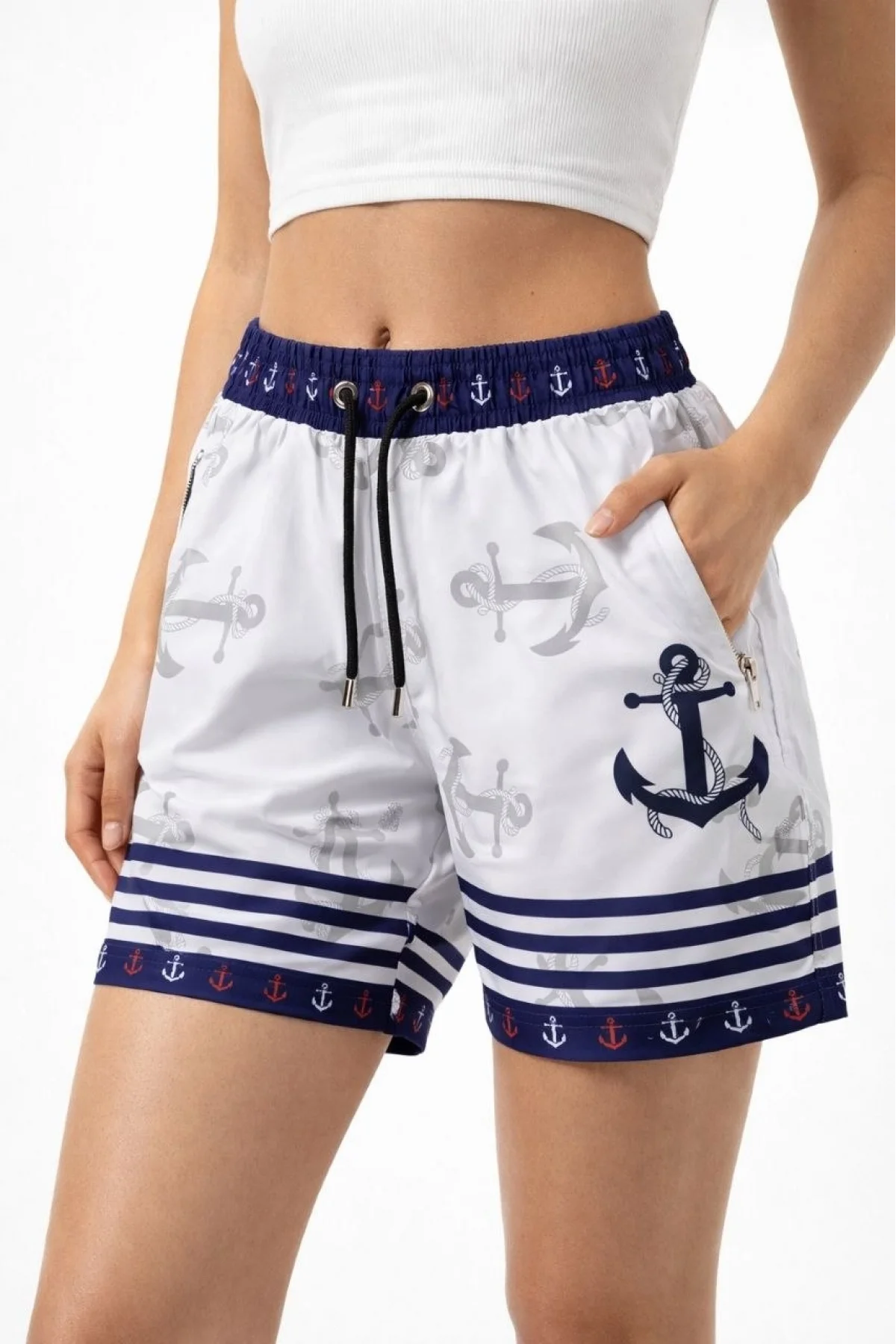 Kadın Deniz Şortu Fermuarlı Cepli File Astarlı Hızlı Kuruyan Premium - Beyaz