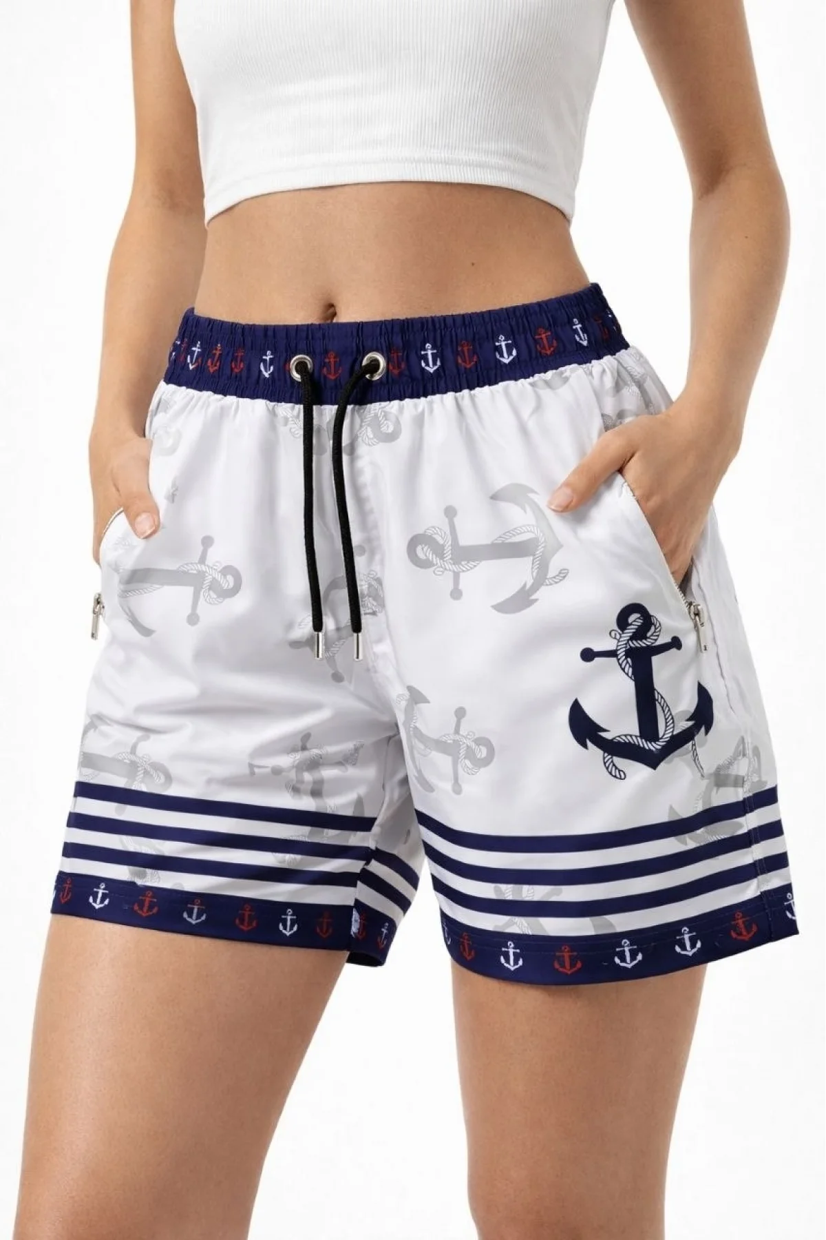 Kadın Deniz Şortu Fermuarlı Cepli File Astarlı Hızlı Kuruyan Premium - Beyaz