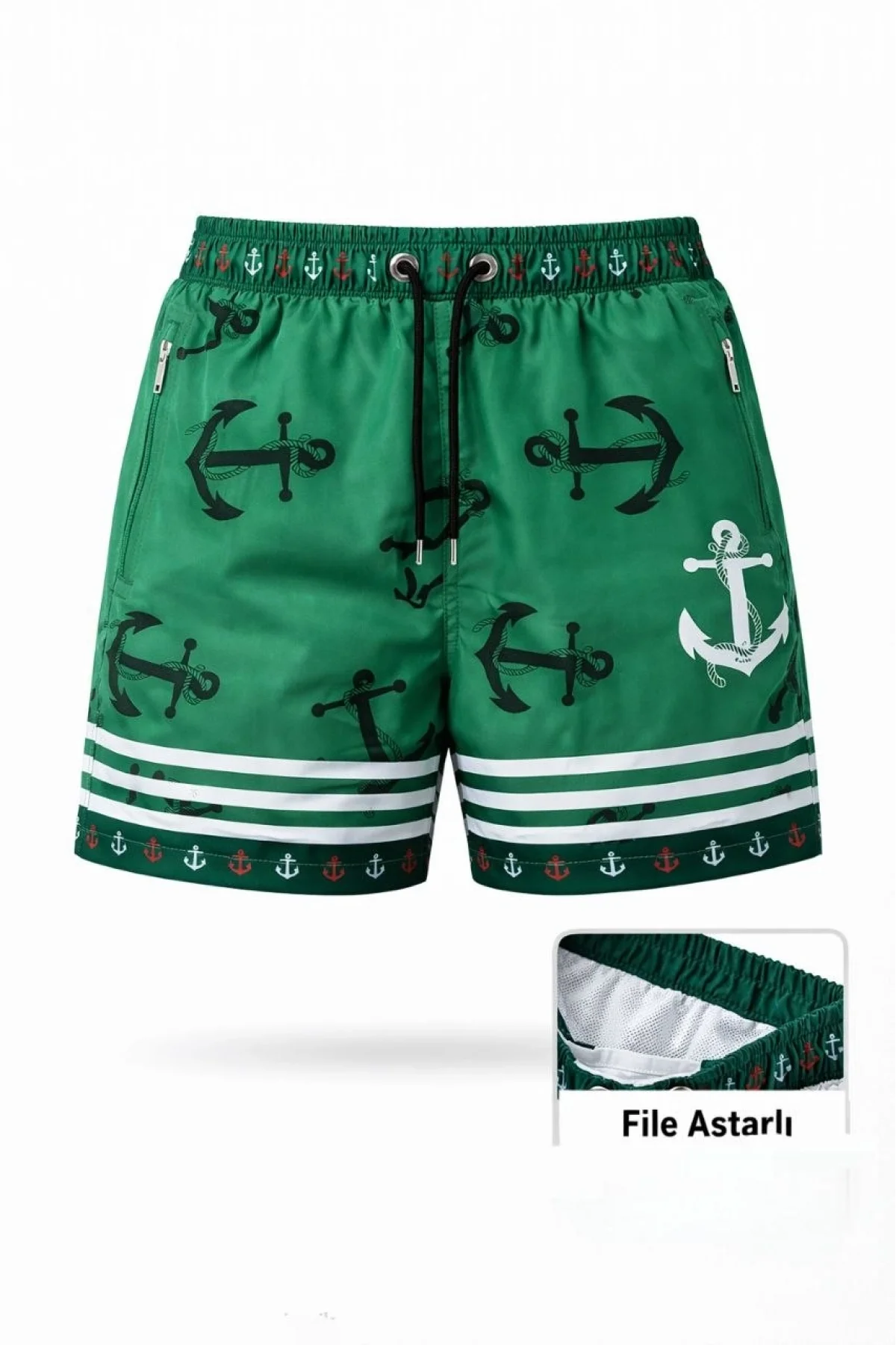 Kadın Deniz Şortu Fermuarlı Cepli File Astarlı Hızlı Kuruyan Premium - Yeşil