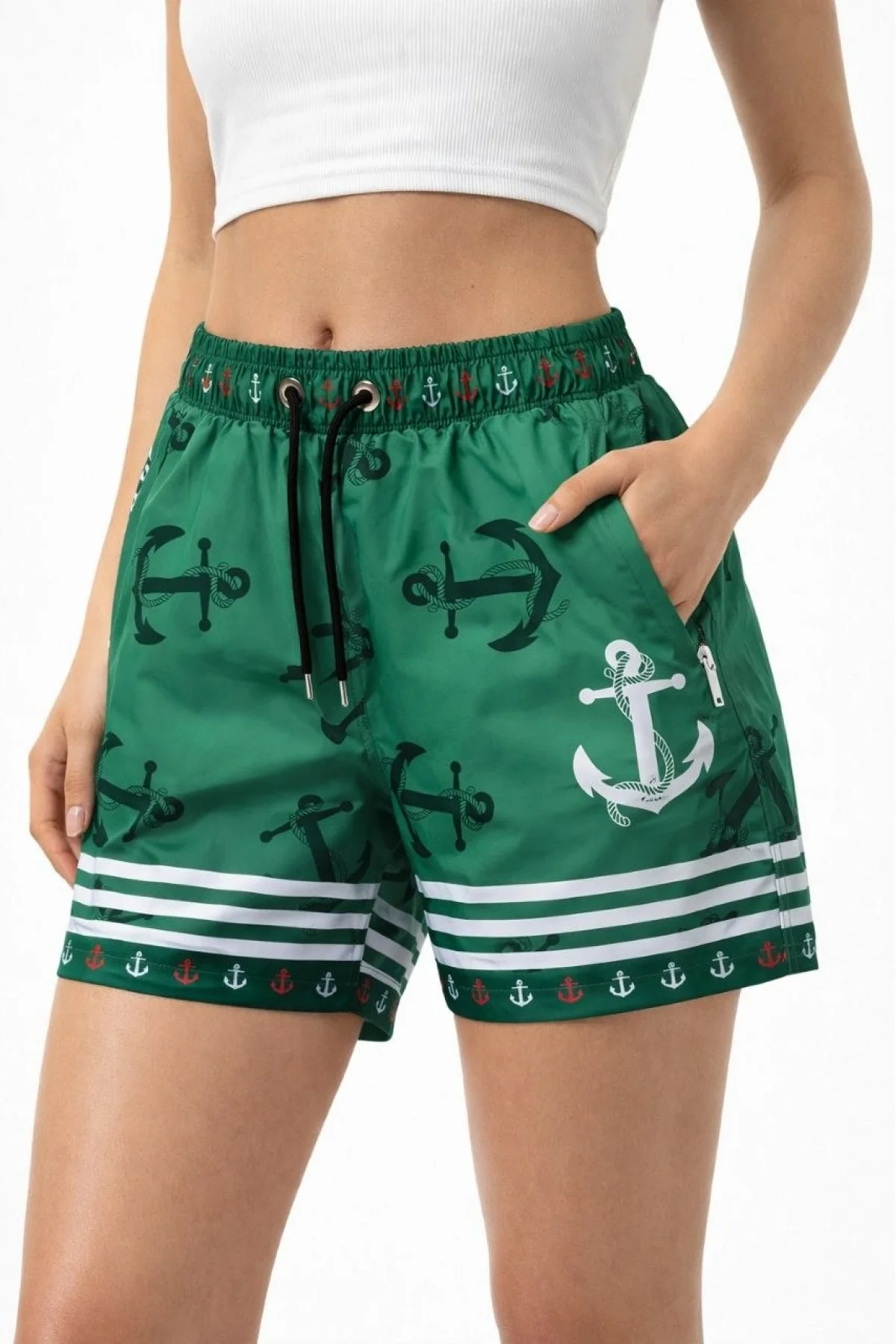 Kadın Deniz Şortu Fermuarlı Cepli File Astarlı Hızlı Kuruyan Premium - Yeşil