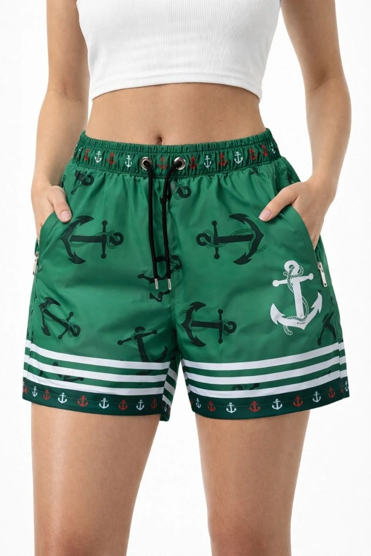 Kadın Deniz Şortu Fermuarlı Cepli File Astarlı Hızlı Kuruyan Premium - Yeşil