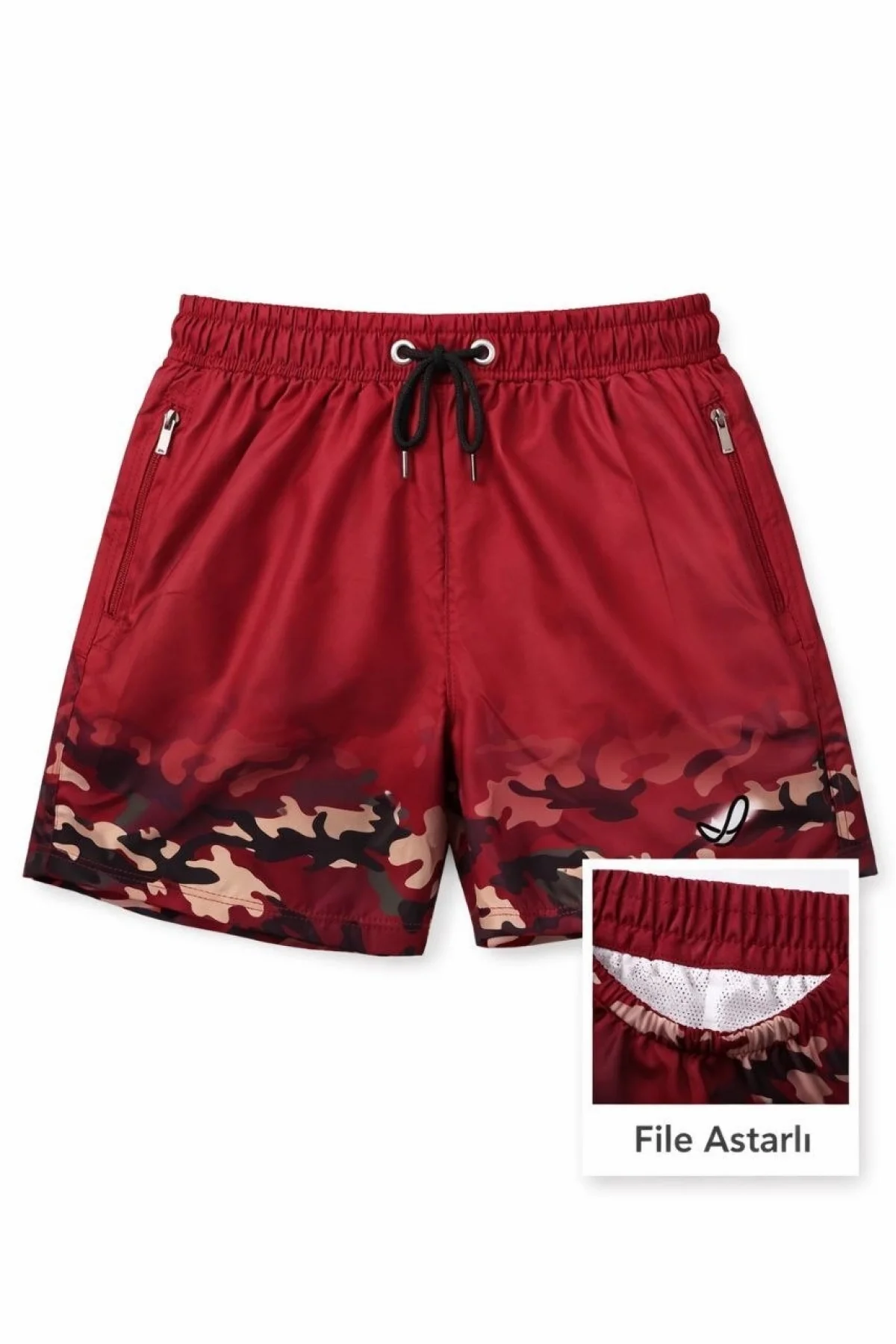 Kadın Deniz Şortu Fermuarlı Cepli File Astarlı Hızlı Kuruyan Premium - Bordo