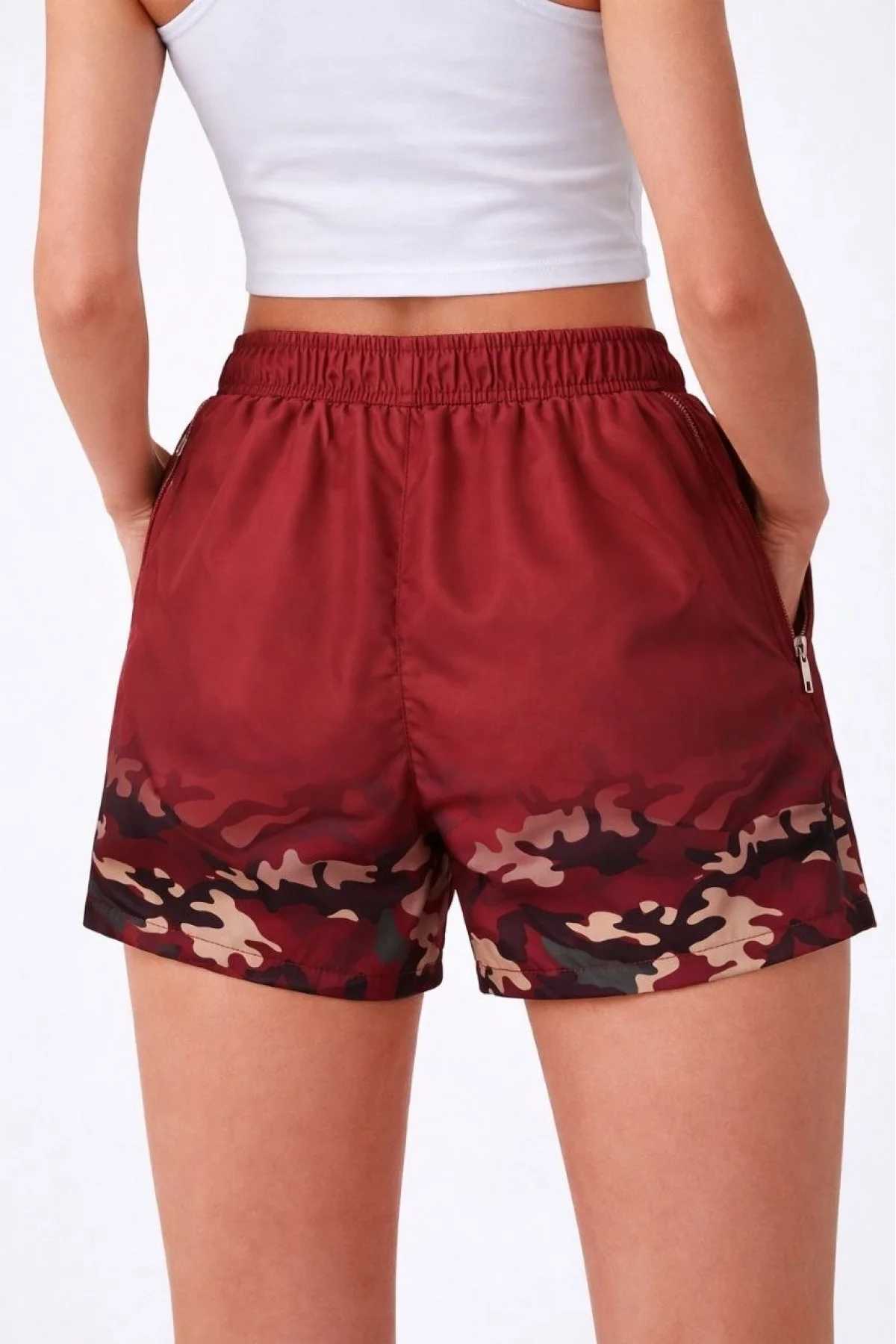 Kadın Deniz Şortu Fermuarlı Cepli File Astarlı Hızlı Kuruyan Premium - Bordo