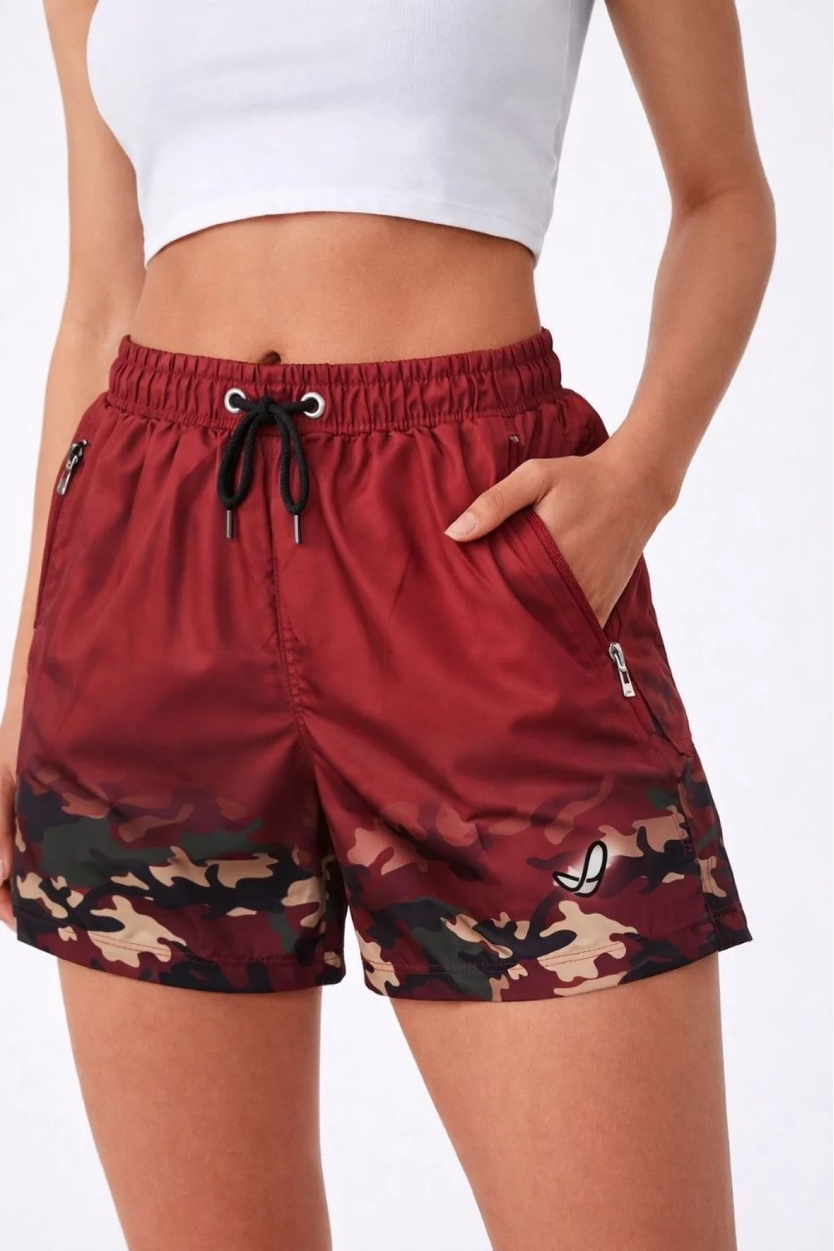 Kadın Deniz Şortu Fermuarlı Cepli File Astarlı Hızlı Kuruyan Premium - Bordo