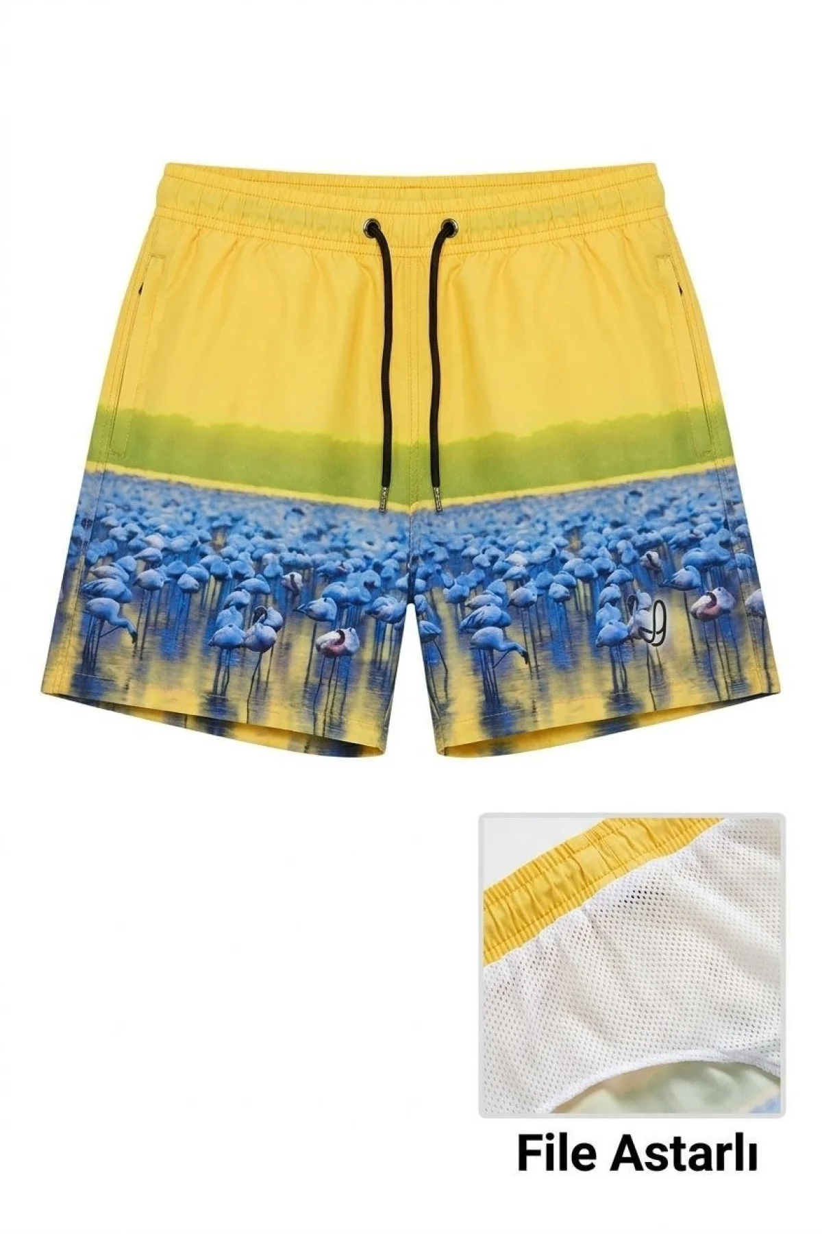 Kadın Deniz Şortu Fermuarlı Cepli File Astarlı Hızlı Kuruyan Premium - Sarı