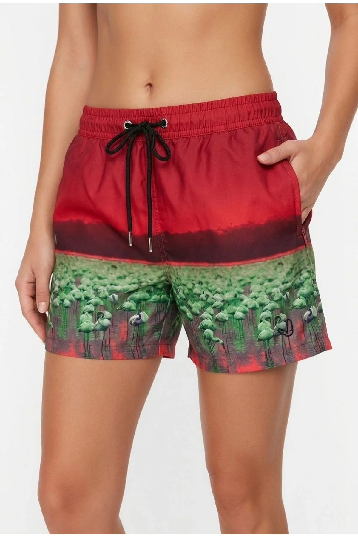 Kadın Deniz Şortu Fermuarlı Cepli File Astarlı Hızlı Kuruyan Premium - Kırmızı