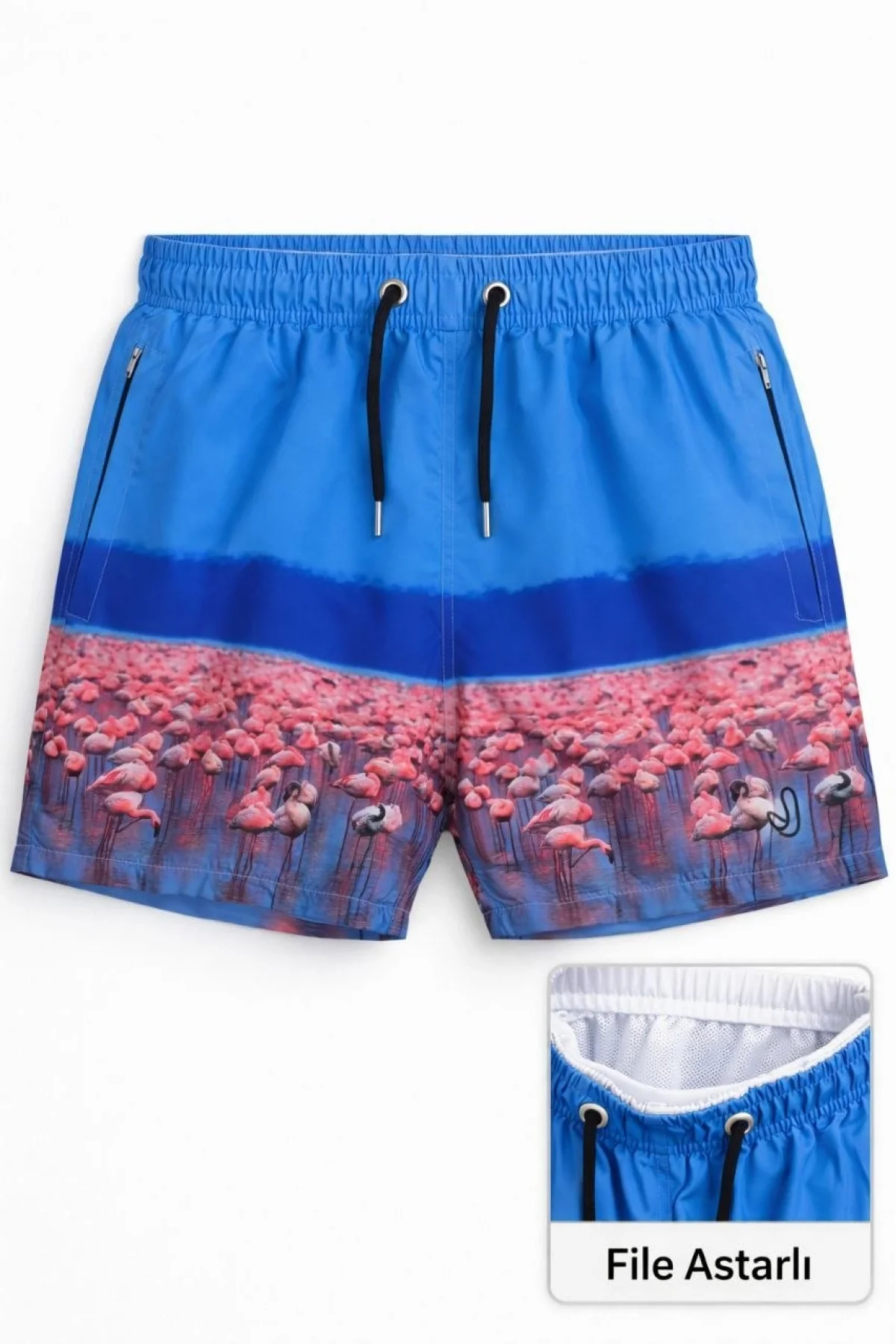 Kadın Deniz Şortu Fermuarlı Cepli File Astarlı Hızlı Kuruyan Premium - Mavi