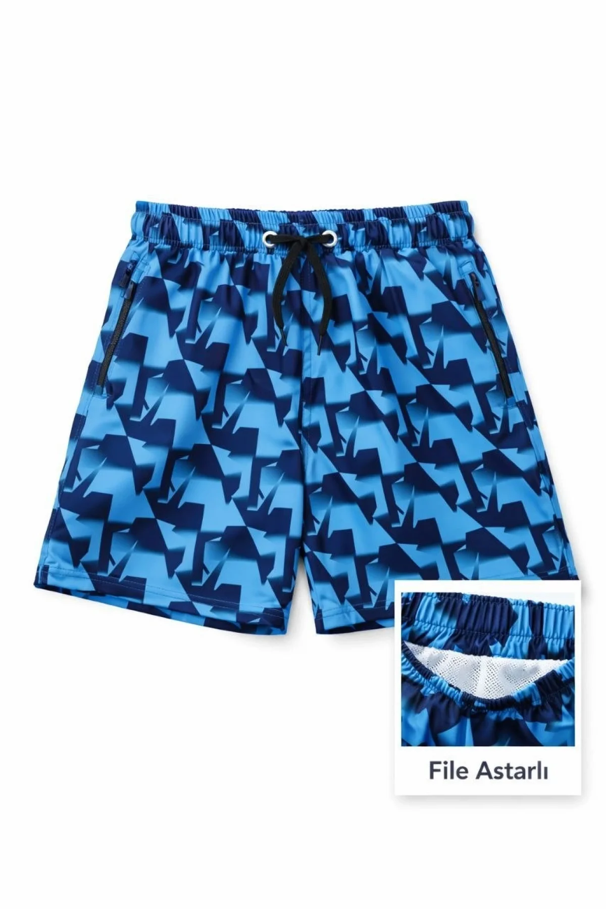 Kadın Deniz Şortu Fermuarlı Cepli File Astarlı Hızlı Kuruyan Premium - Mavi