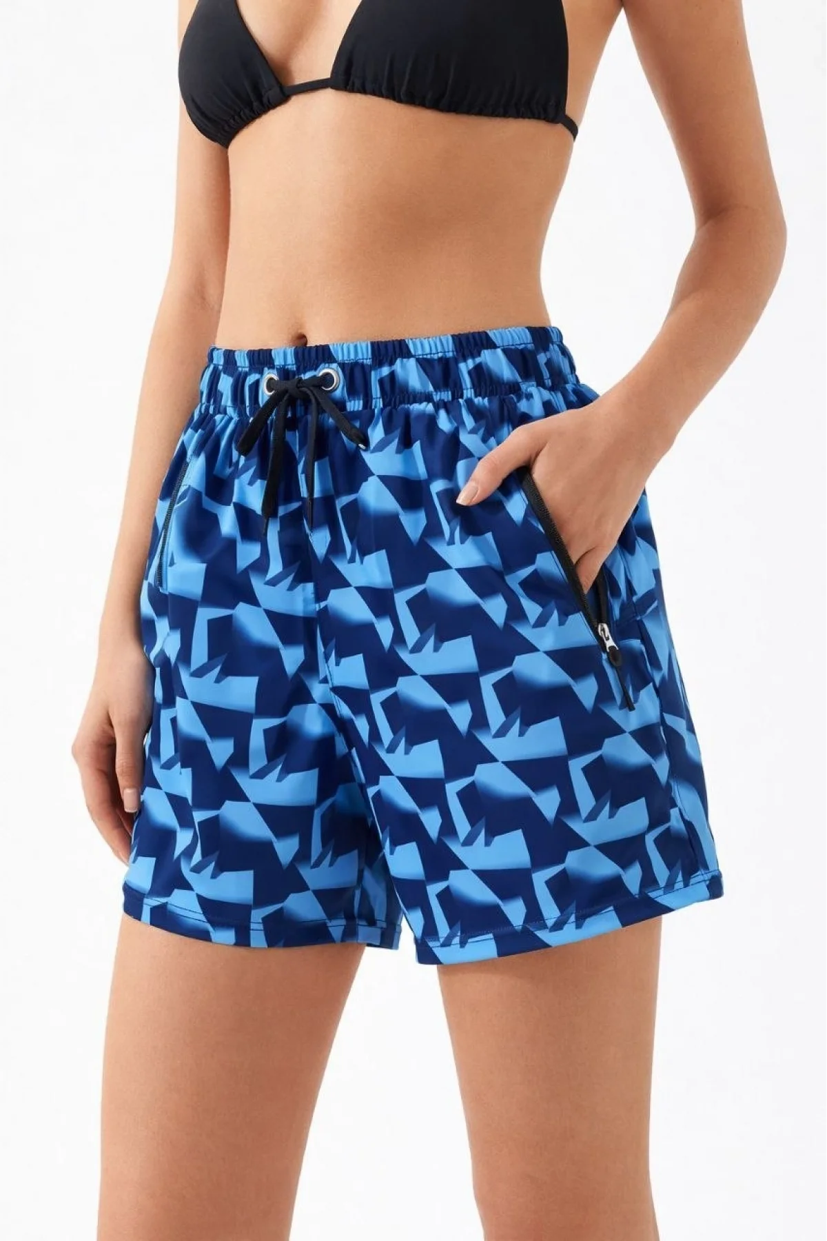 Kadın Deniz Şortu Fermuarlı Cepli File Astarlı Hızlı Kuruyan Premium - Mavi