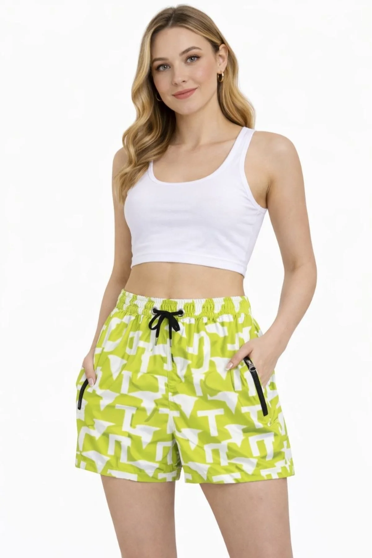 Kadın Deniz Şortu Fermuarlı Cepli File Astarlı Hızlı Kuruyan Premium - Neon Yeşili