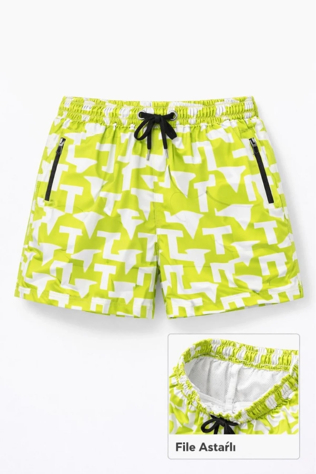 Kadın Deniz Şortu Fermuarlı Cepli File Astarlı Hızlı Kuruyan Premium - Neon Yeşili