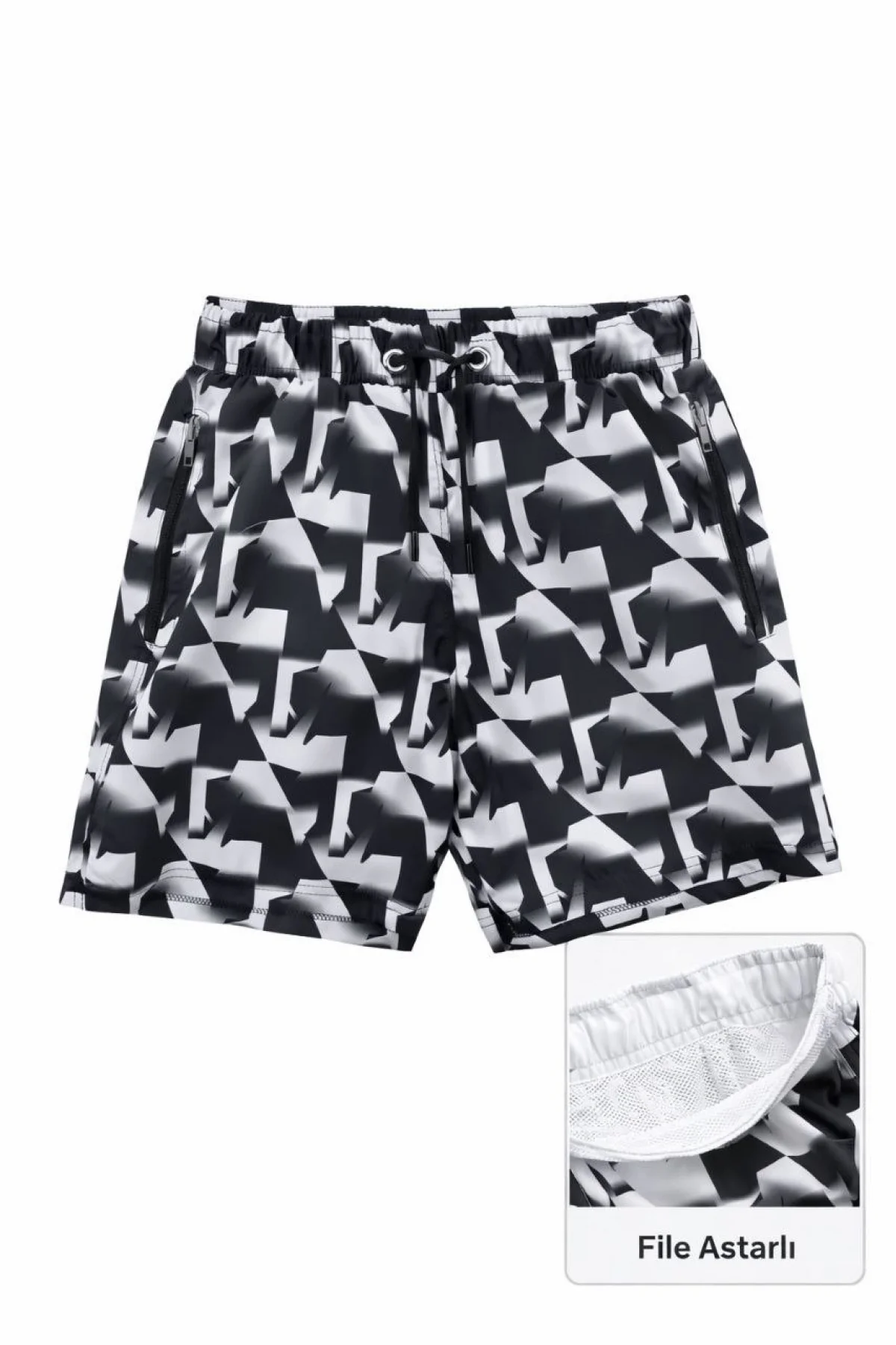 Kadın Deniz Şortu Fermuarlı Cepli File Astarlı Hızlı Kuruyan Premium - Siyah