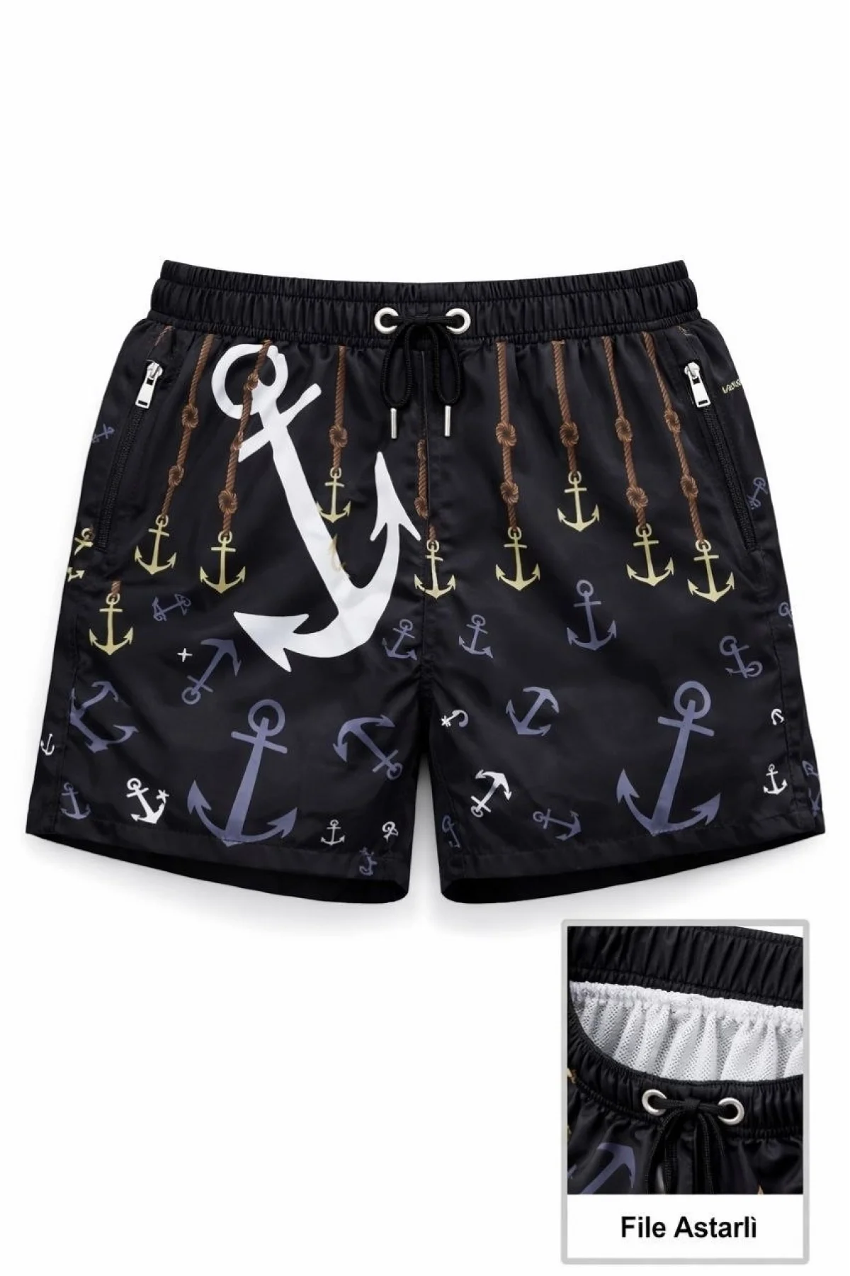 Kadın Deniz Şortu Fermuarlı Cepli File Astarlı Hızlı Kuruyan Premium - Siyah