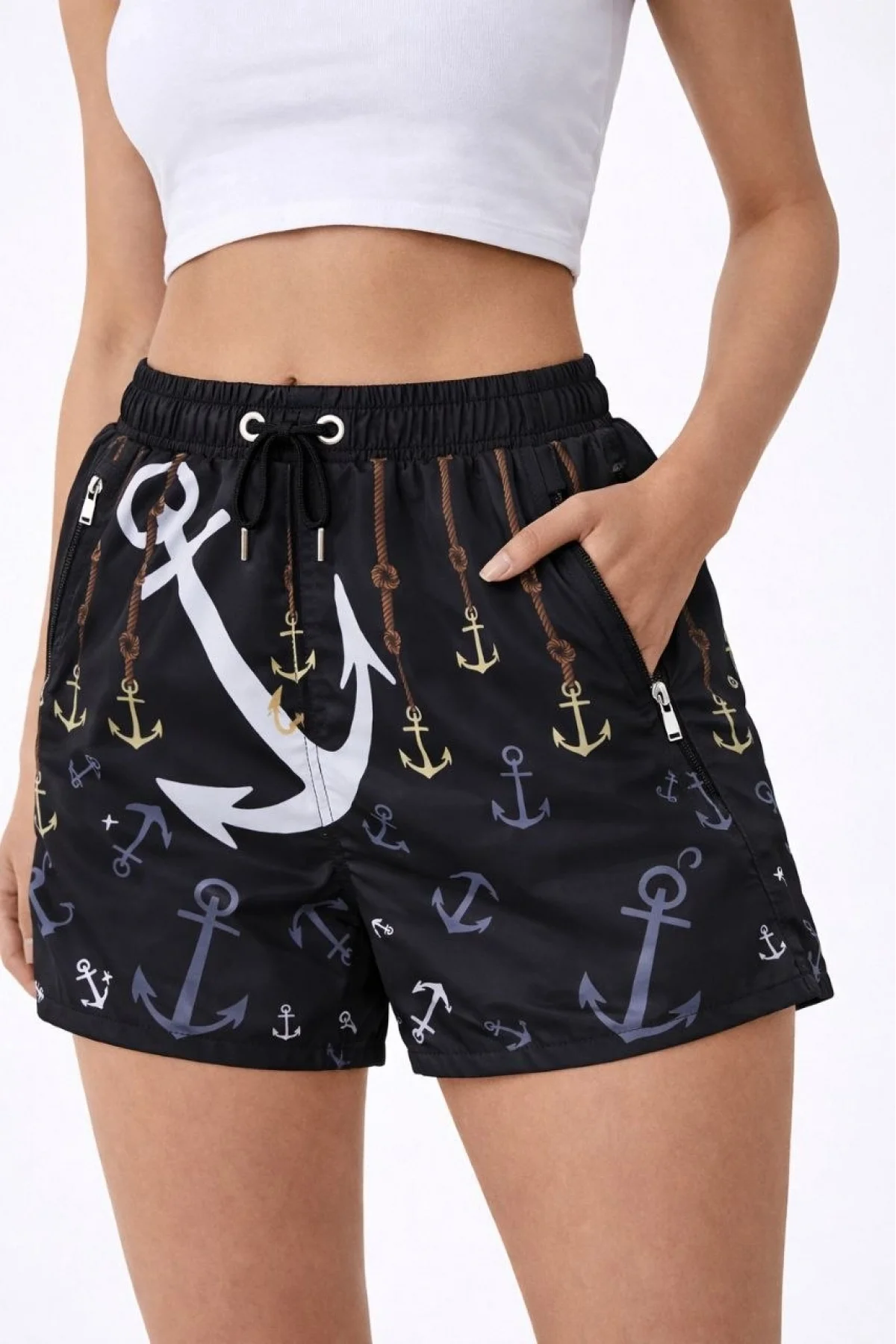 Kadın Deniz Şortu Fermuarlı Cepli File Astarlı Hızlı Kuruyan Premium - Siyah
