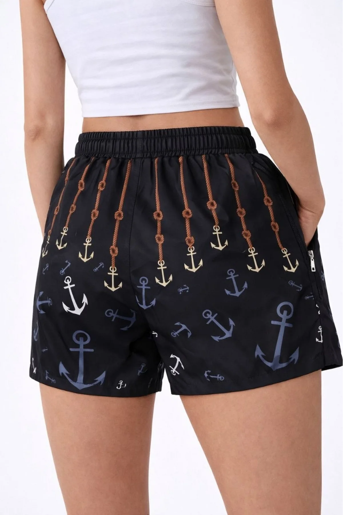 Kadın Deniz Şortu Fermuarlı Cepli File Astarlı Hızlı Kuruyan Premium - Siyah