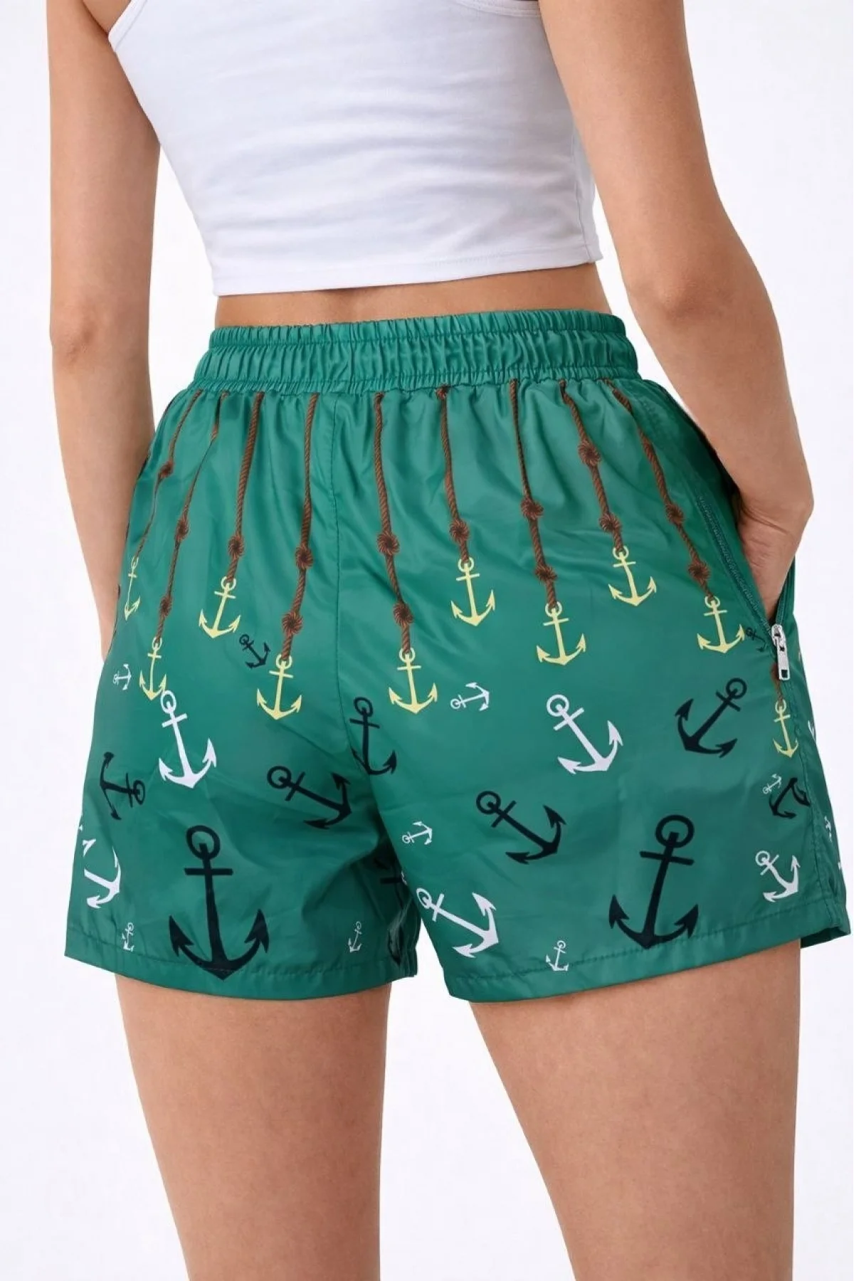 Kadın Deniz Şortu Fermuarlı Cepli File Astarlı Hızlı Kuruyan Premium - Su Yeşili