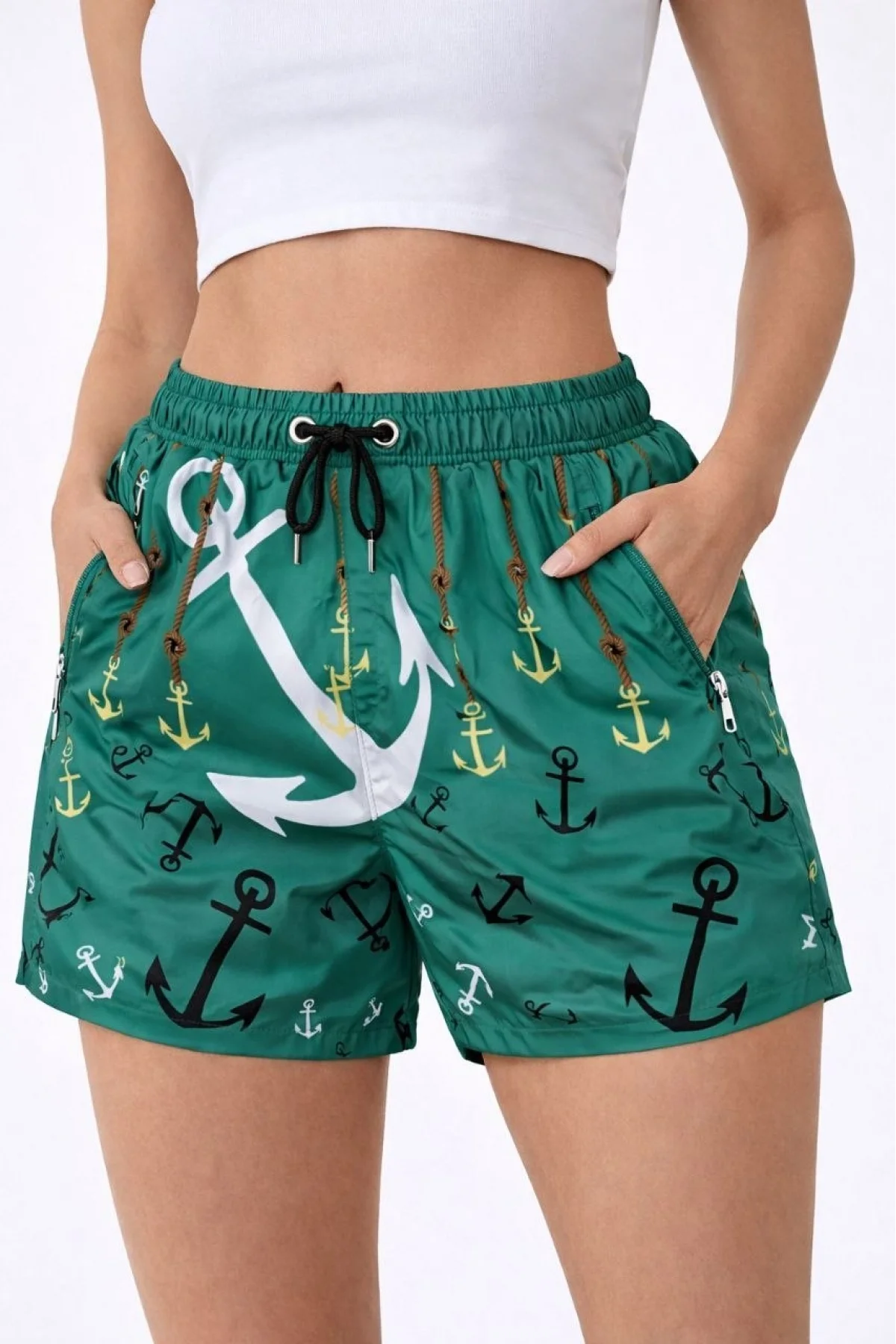 Kadın Deniz Şortu Fermuarlı Cepli File Astarlı Hızlı Kuruyan Premium - Su Yeşili