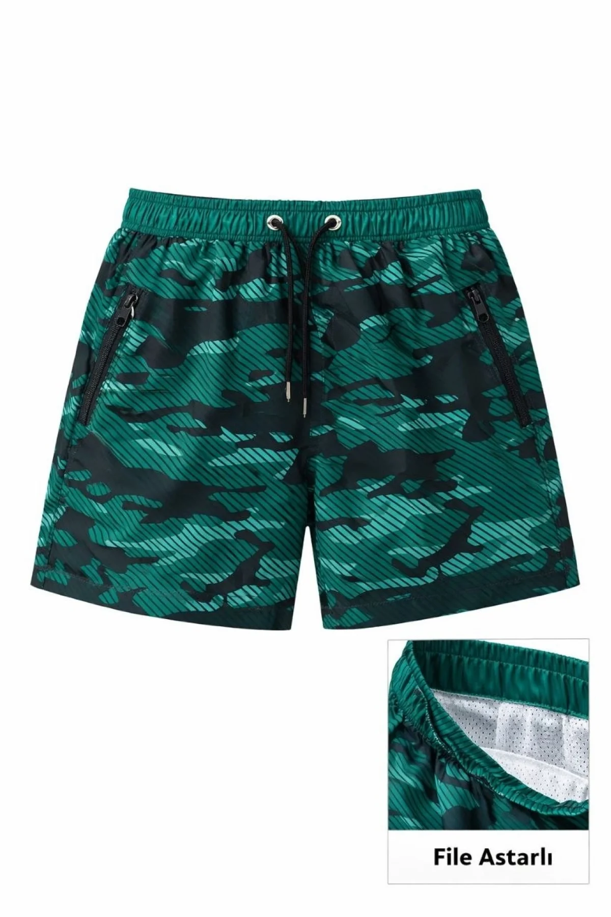 Kadın Deniz Şortu Fermuarlı Cepli File Astarlı Hızlı Kuruyan Premium - Su Yeşili