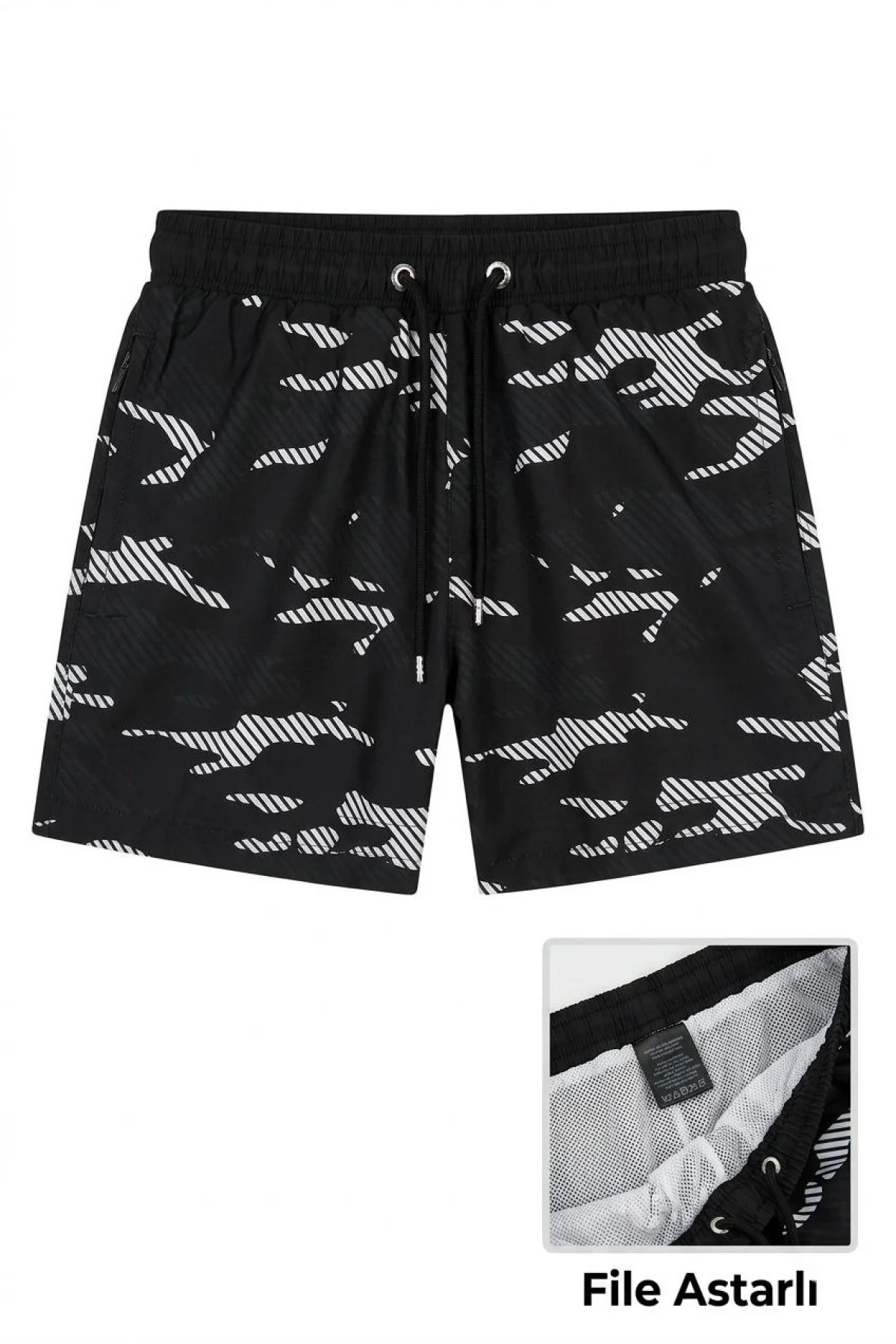 Kadın Deniz Şortu Fermuarlı Cepli File Astarlı Hızlı Kuruyan Premium - Siyah