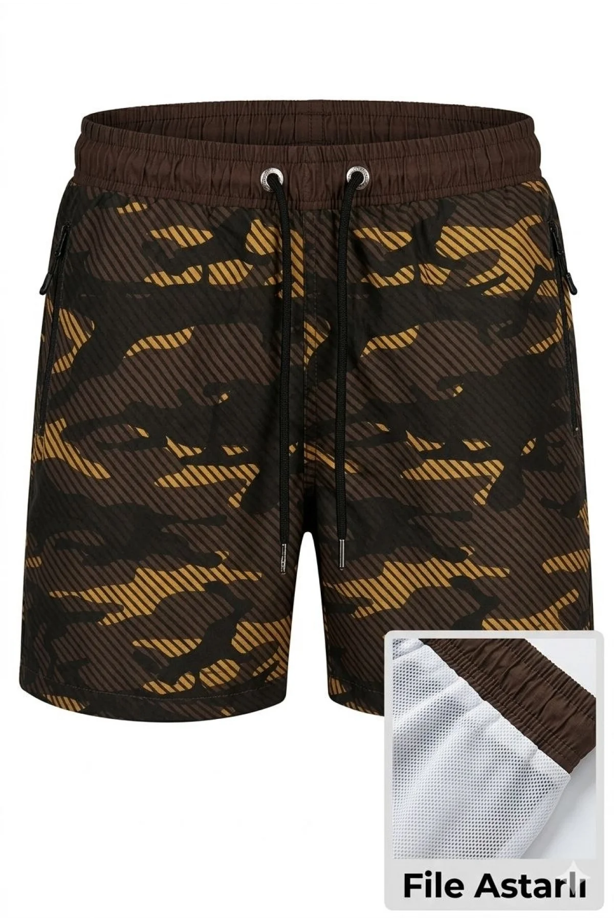 Kadın Deniz Şortu Fermuarlı Cepli File Astarlı Hızlı Kuruyan Premium - Kahverengi