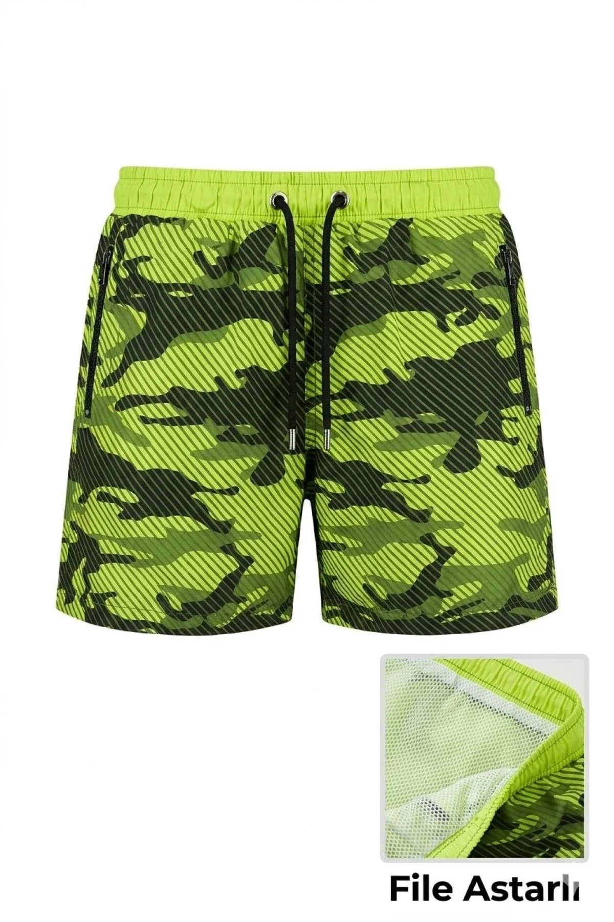 Kadın Deniz Şortu Fermuarlı Cepli File Astarlı Hızlı Kuruyan Premium - Neon Yeşili