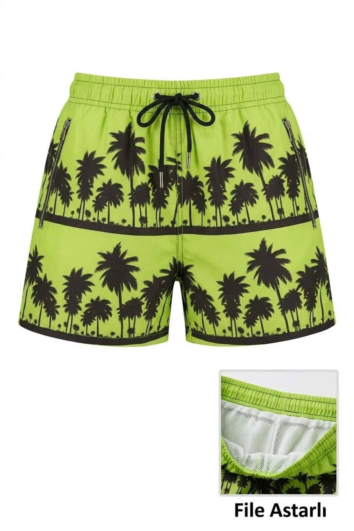 Kadın Deniz Şortu Fermuarlı Cepli File Astarlı Hızlı Kuruyan Premium - Neon Yeşili