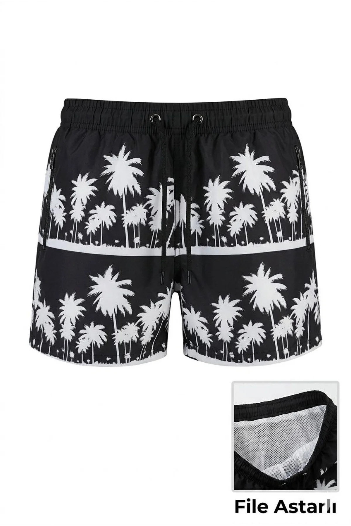 Kadın Deniz Şortu Fermuarlı Cepli File Astarlı Hızlı Kuruyan Premium - Siyah