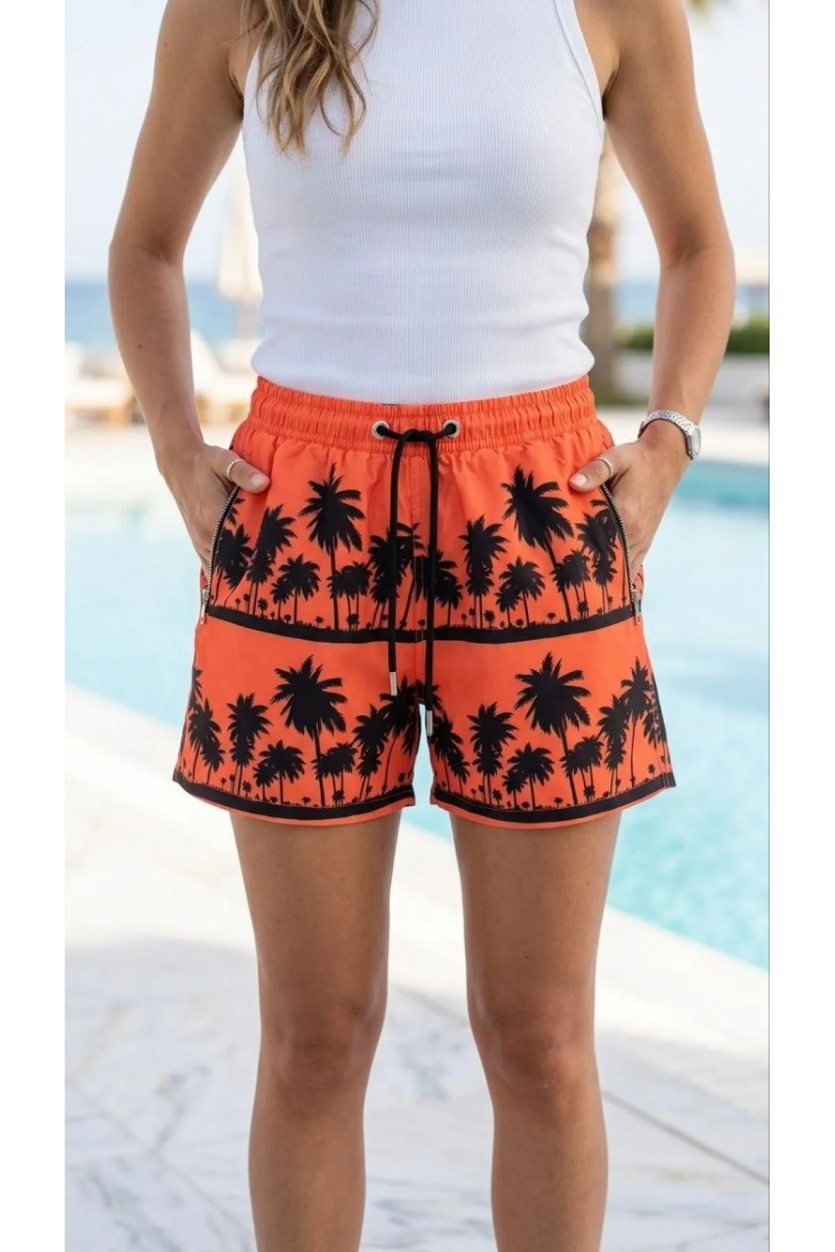 Kadın Deniz Şortu Fermuarlı Cepli File Astarlı Hızlı Kuruyan Premium - Turuncu
