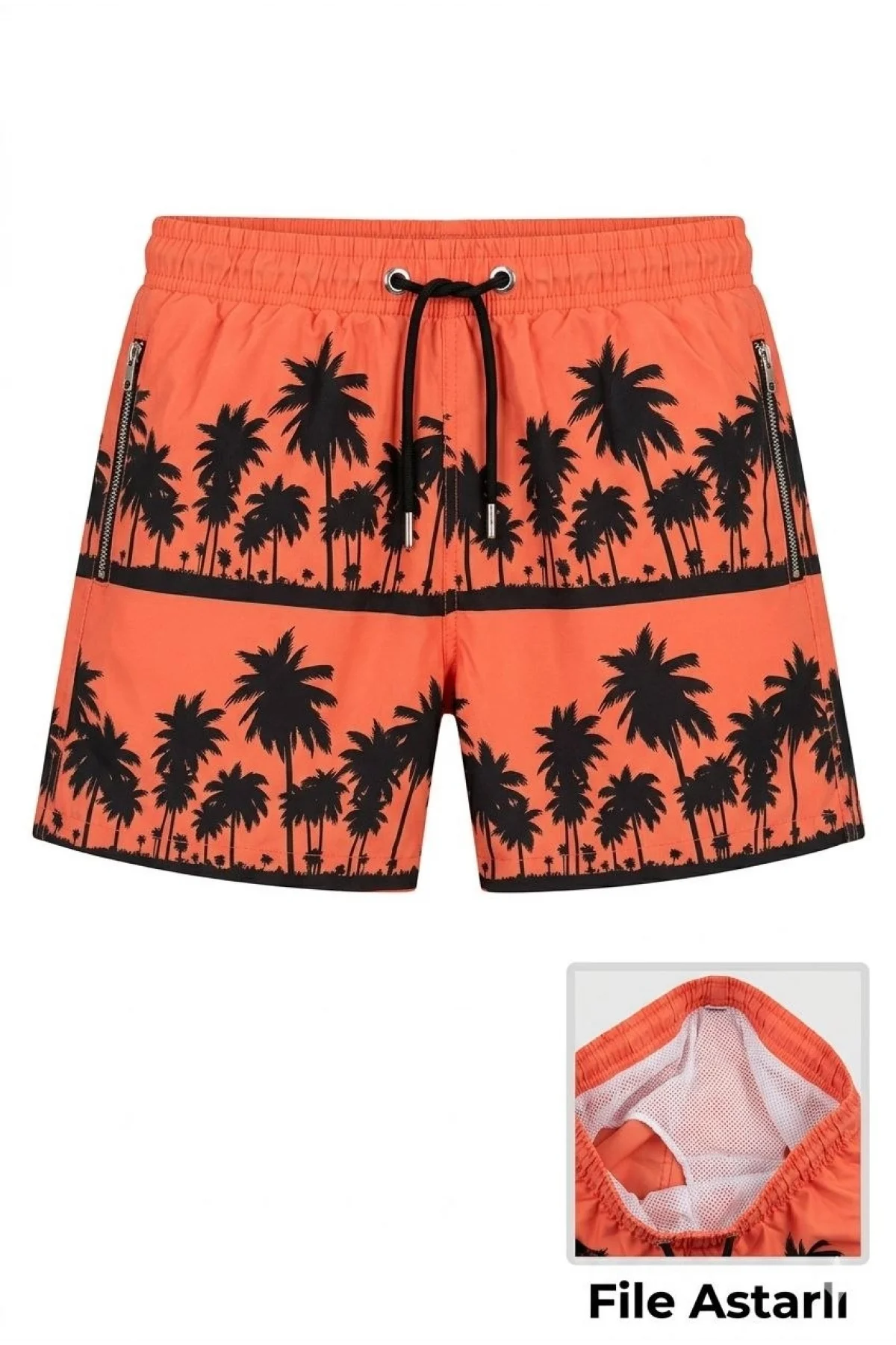 Kadın Deniz Şortu Fermuarlı Cepli File Astarlı Hızlı Kuruyan Premium - Turuncu