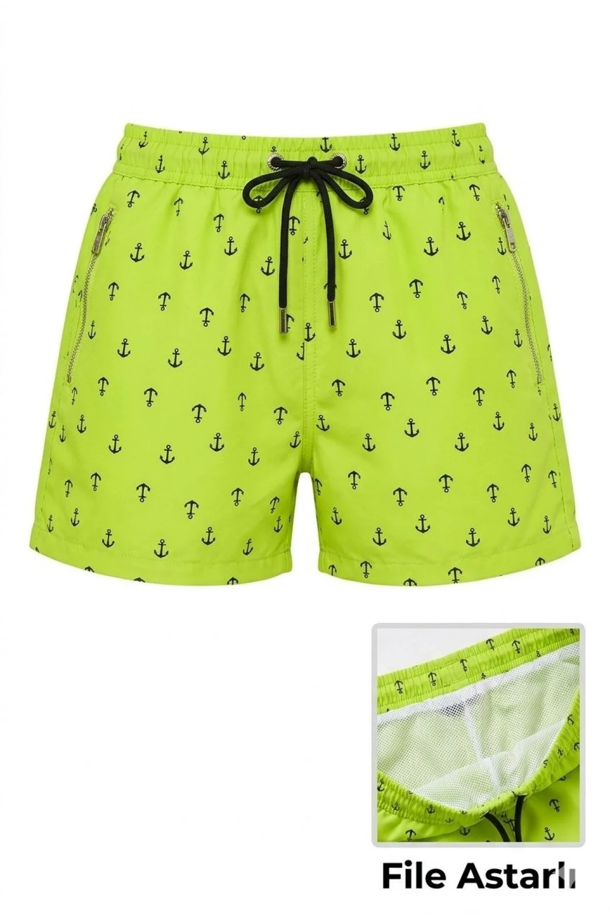 Kadın Deniz Şortu Fermuarlı Cepli File Astarlı Hızlı Kuruyan Premium - Neon Yeşili