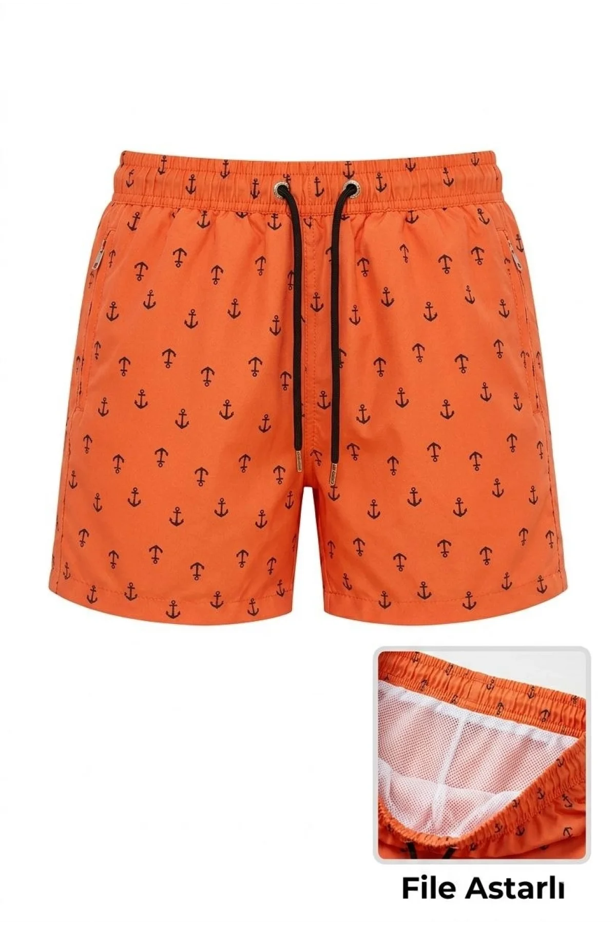 Kadın Deniz Şortu Fermuarlı Cepli File Astarlı Hızlı Kuruyan Premium - Turuncu
