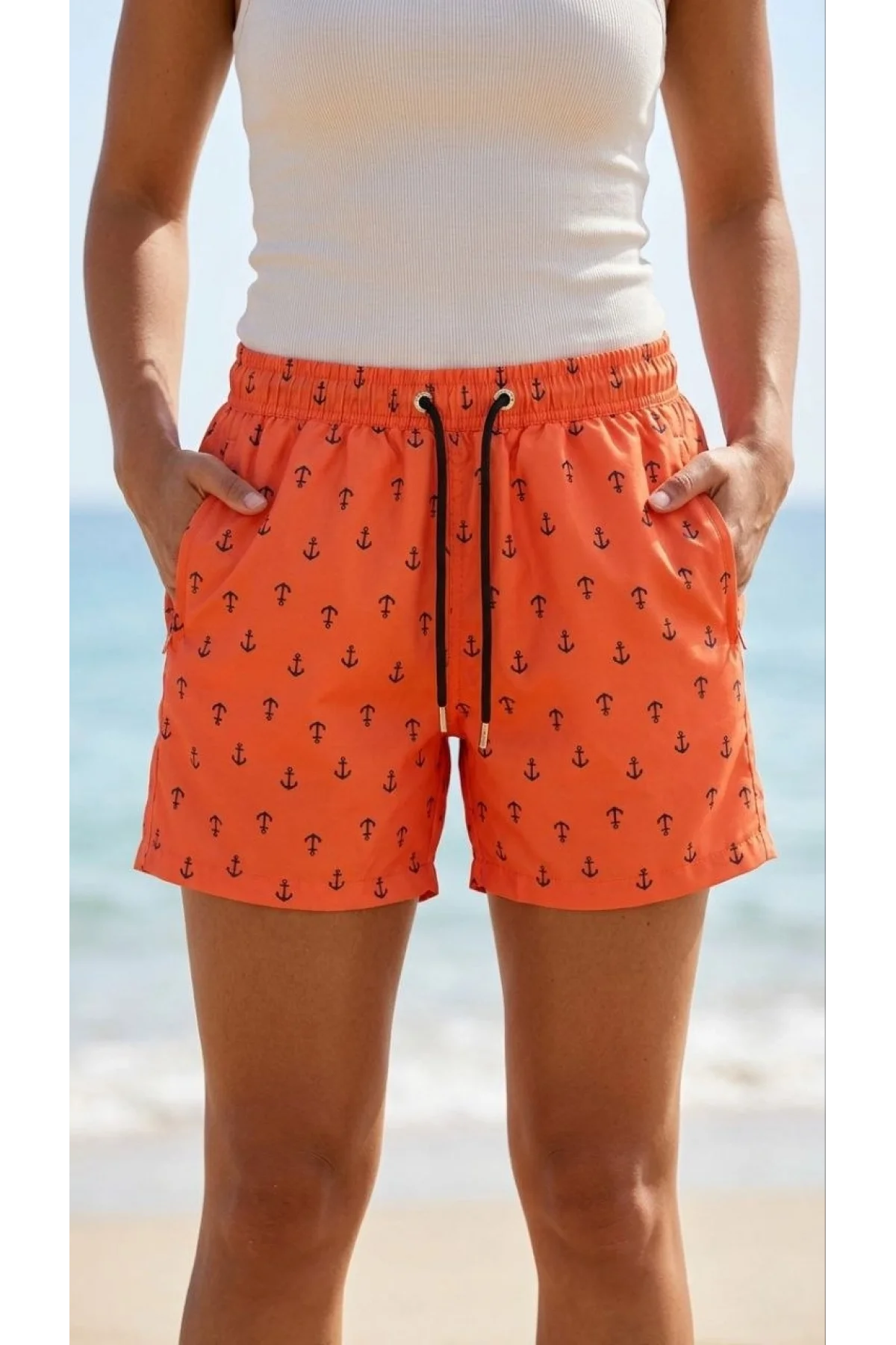 Kadın Deniz Şortu Fermuarlı Cepli File Astarlı Hızlı Kuruyan Premium - Turuncu