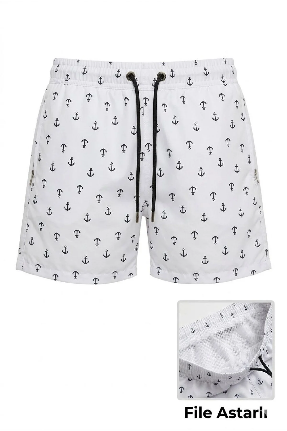 Kadın Deniz Şortu Fermuarlı Cepli File Astarlı Hızlı Kuruyan Premium - Beyaz