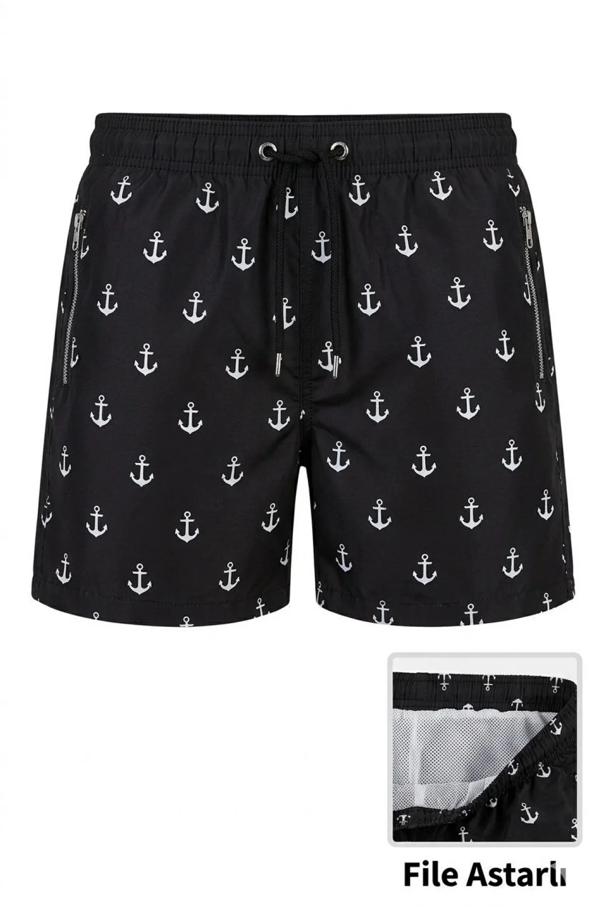 Kadın Deniz Şortu Fermuarlı Cepli File Astarlı Hızlı Kuruyan Premium - Siyah