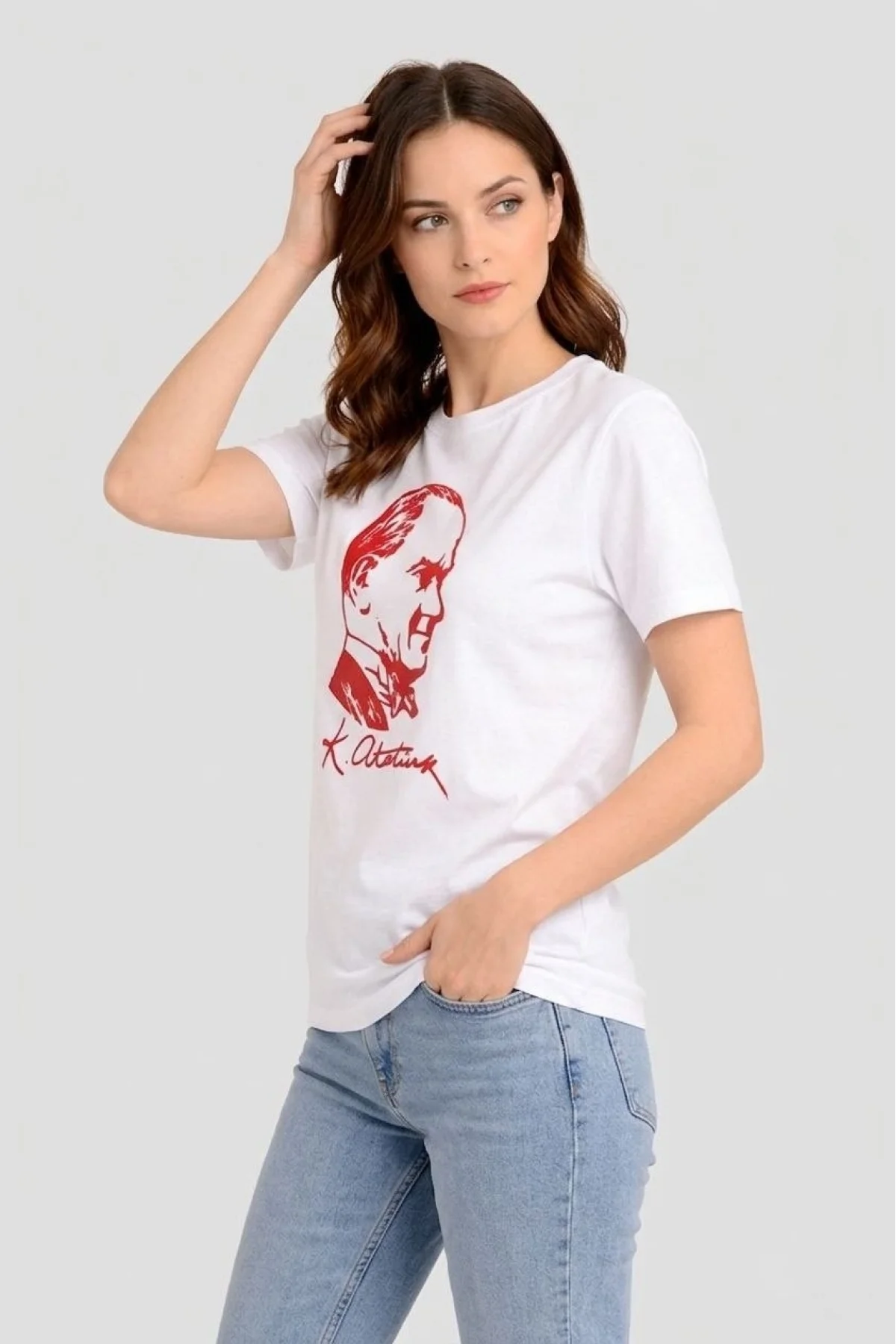 Kadın Atatürk Baskılı Tişört Kısa Kollu Bisiklet Yaka T-Shirt - Beyaz