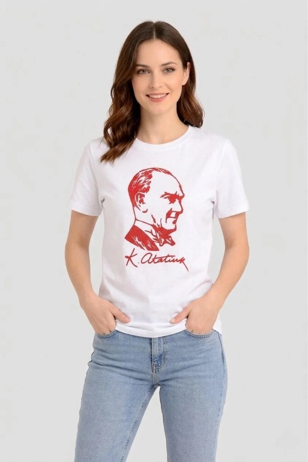 Kadın Atatürk Baskılı Tişört Kısa Kollu Bisiklet Yaka T-Shirt - Beyaz