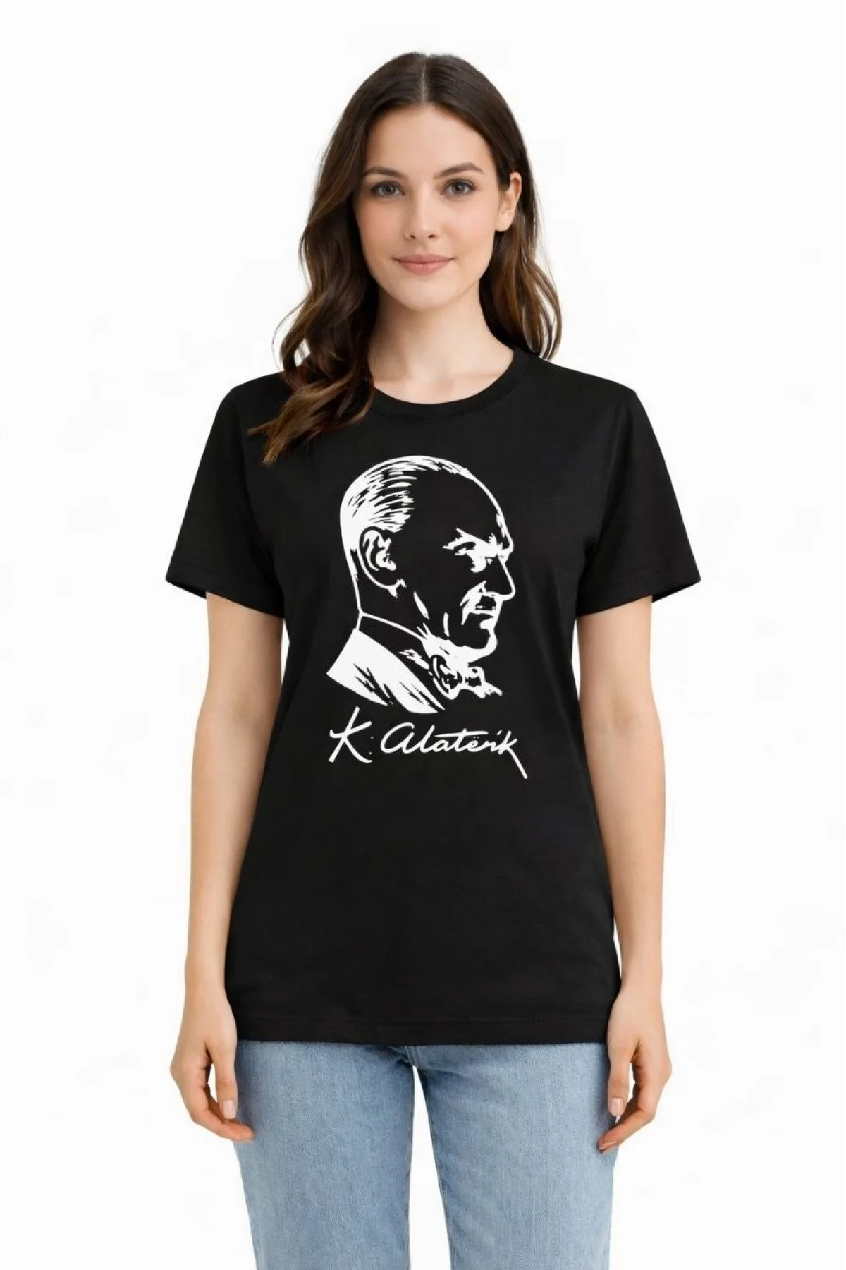 Kadın Atatürk Baskılı Tişört Kısa Kollu Bisiklet Yaka T-Shirt - Siyah