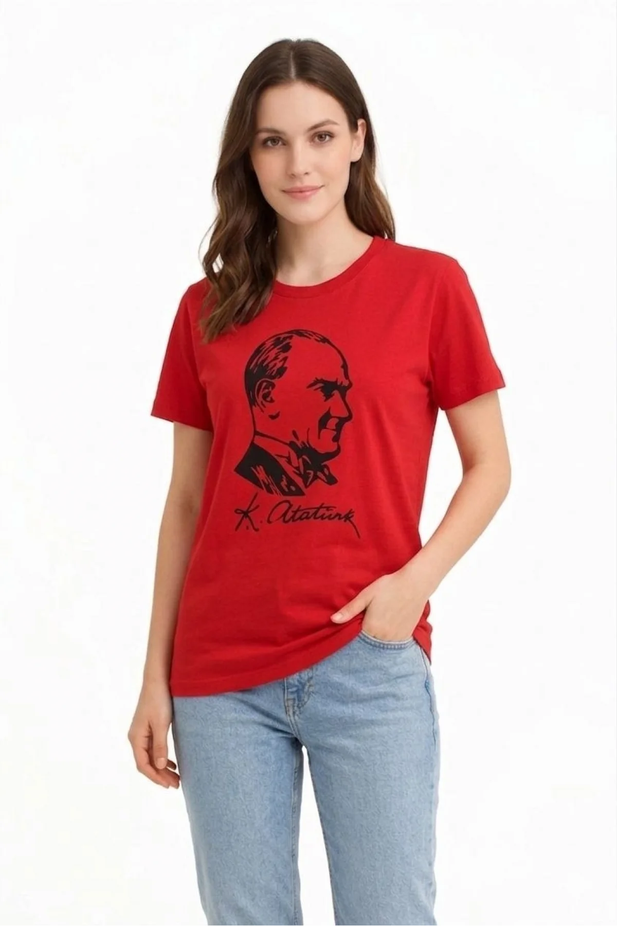 Kadın Atatürk Baskılı Tişört Kısa Kollu Bisiklet Yaka T-Shirt - Kırmızı
