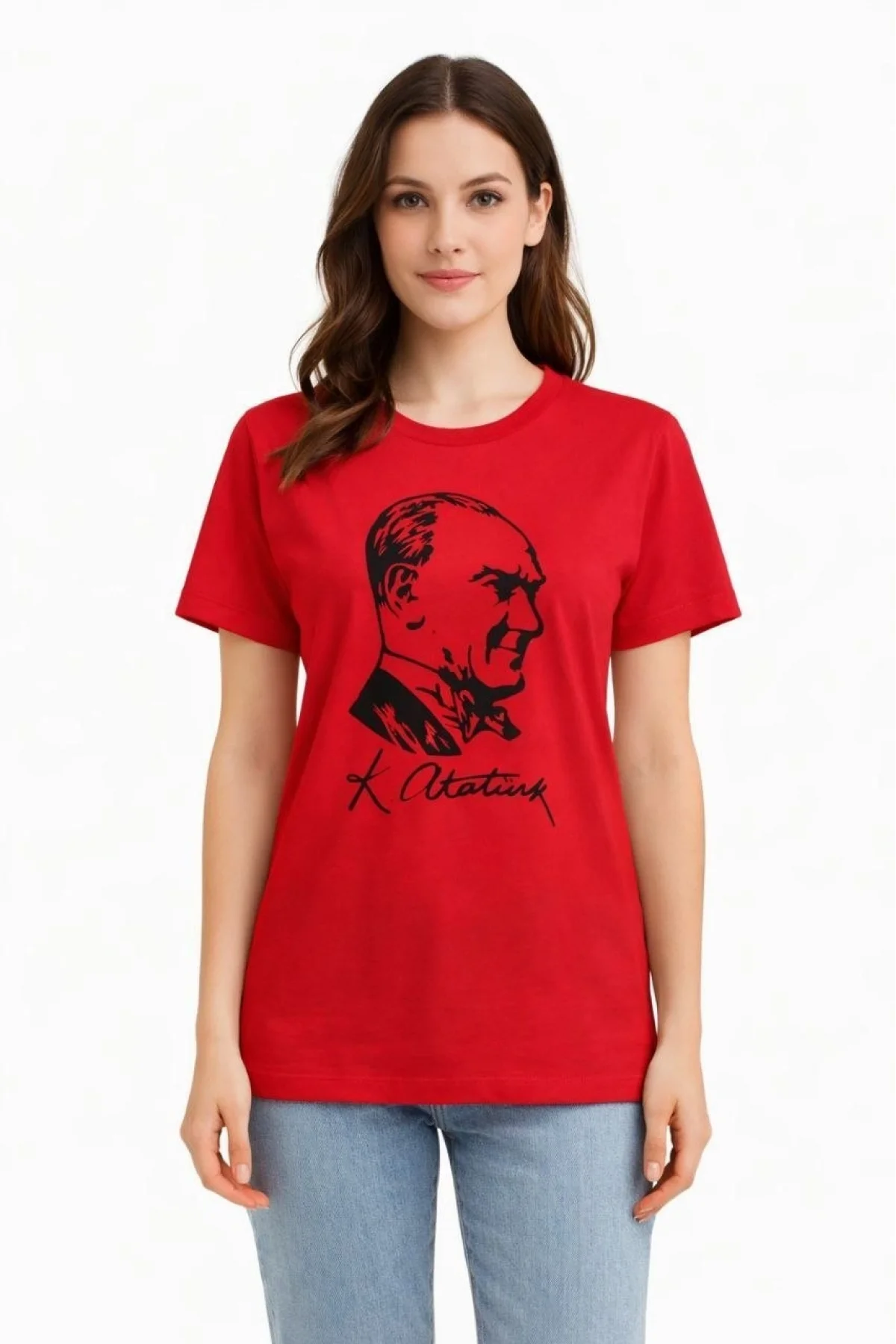 Kadın Atatürk Baskılı Tişört Kısa Kollu Bisiklet Yaka T-Shirt - Kırmızı