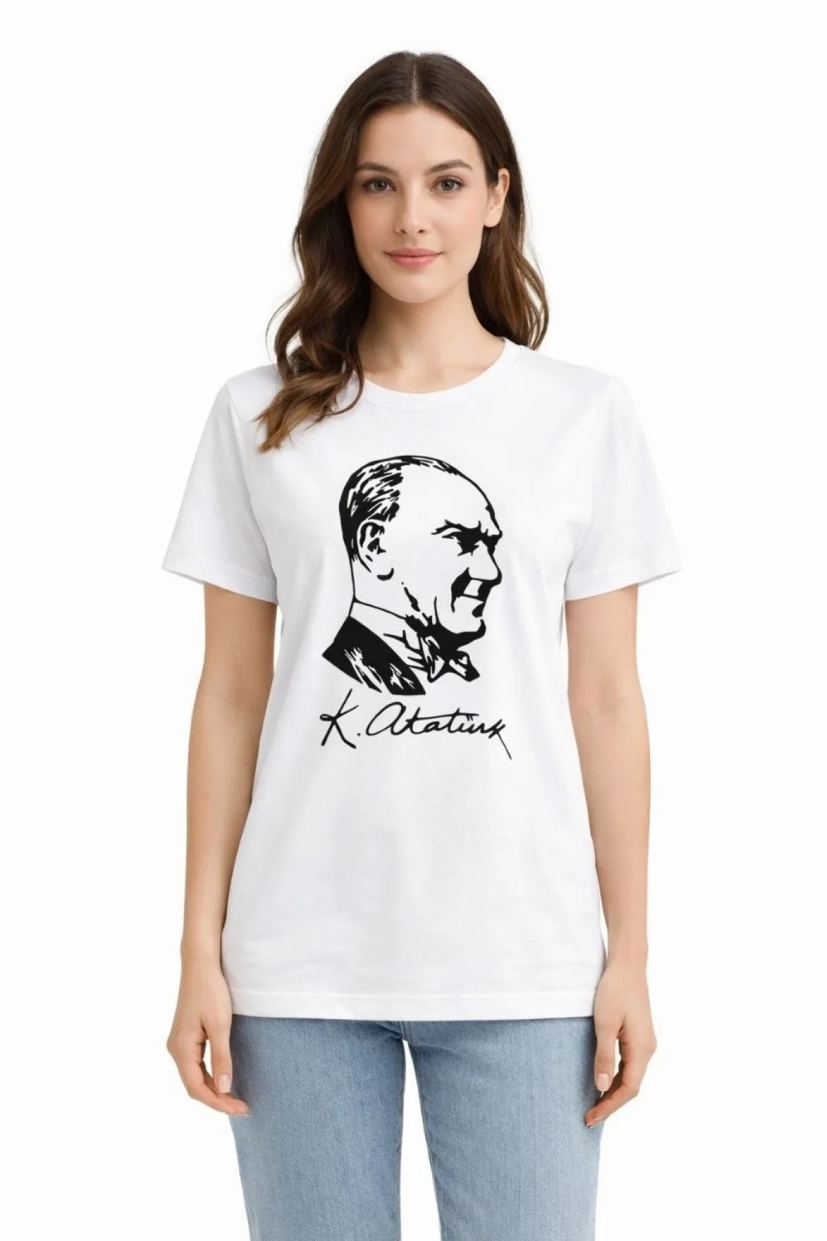 Kadın Atatürk Baskılı Tişört Kısa Kollu Bisiklet Yaka T-Shirt - Beyaz