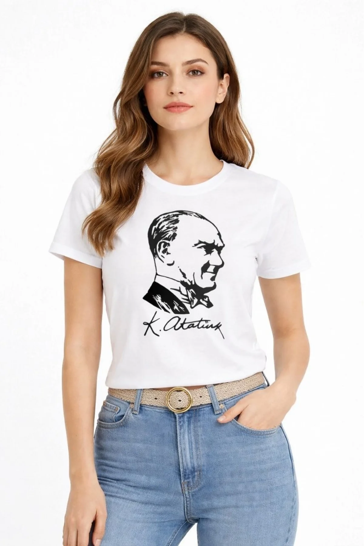 Kadın Atatürk Baskılı Tişört Kısa Kollu Bisiklet Yaka T-Shirt - Beyaz