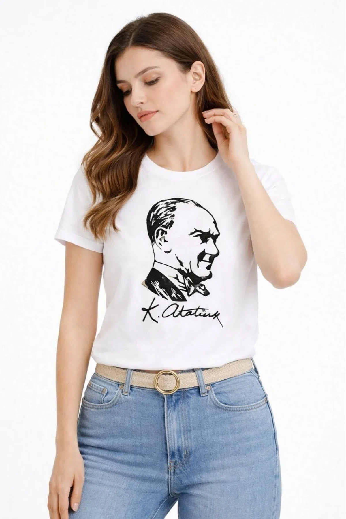 Kadın Atatürk Baskılı Tişört Kısa Kollu Bisiklet Yaka T-Shirt - Beyaz