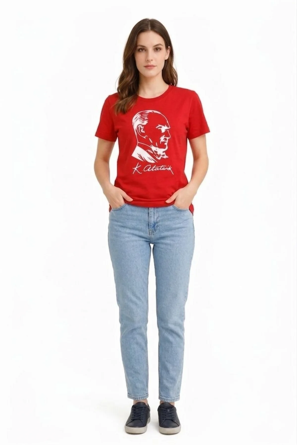 Kadın Atatürk Baskılı Tişört Kısa Kollu Bisiklet Yaka T-Shirt - Kırmızı