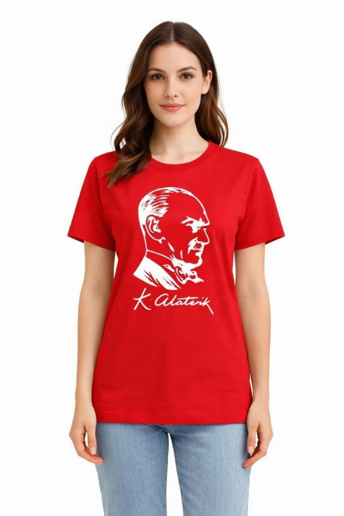 Kadın Atatürk Baskılı Tişört Kısa Kollu Bisiklet Yaka T-Shirt - Kırmızı